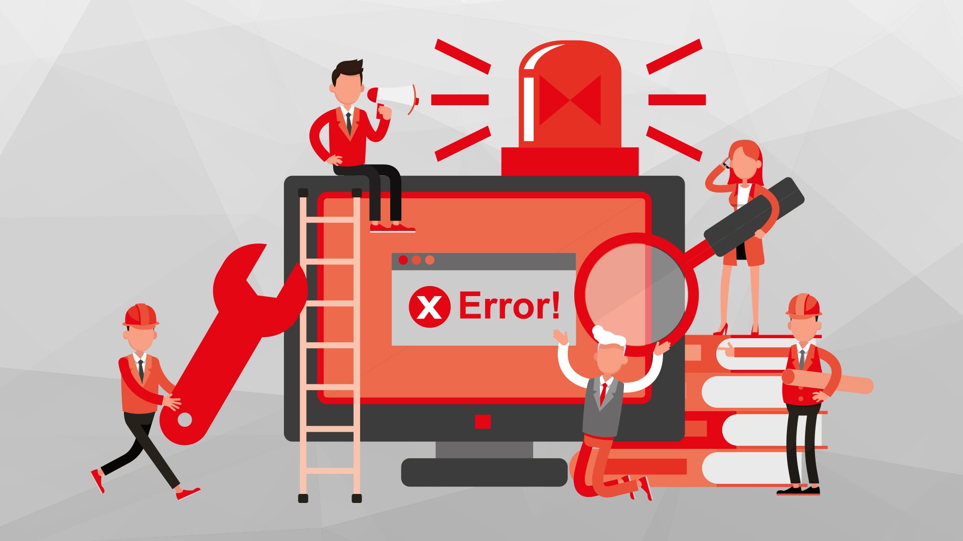 Illustration von einem Desktop, auf dem "Error" steht und eine Alarmlampe leuchtet. Mehrere illustrierte Personen eilen zu Hilfe