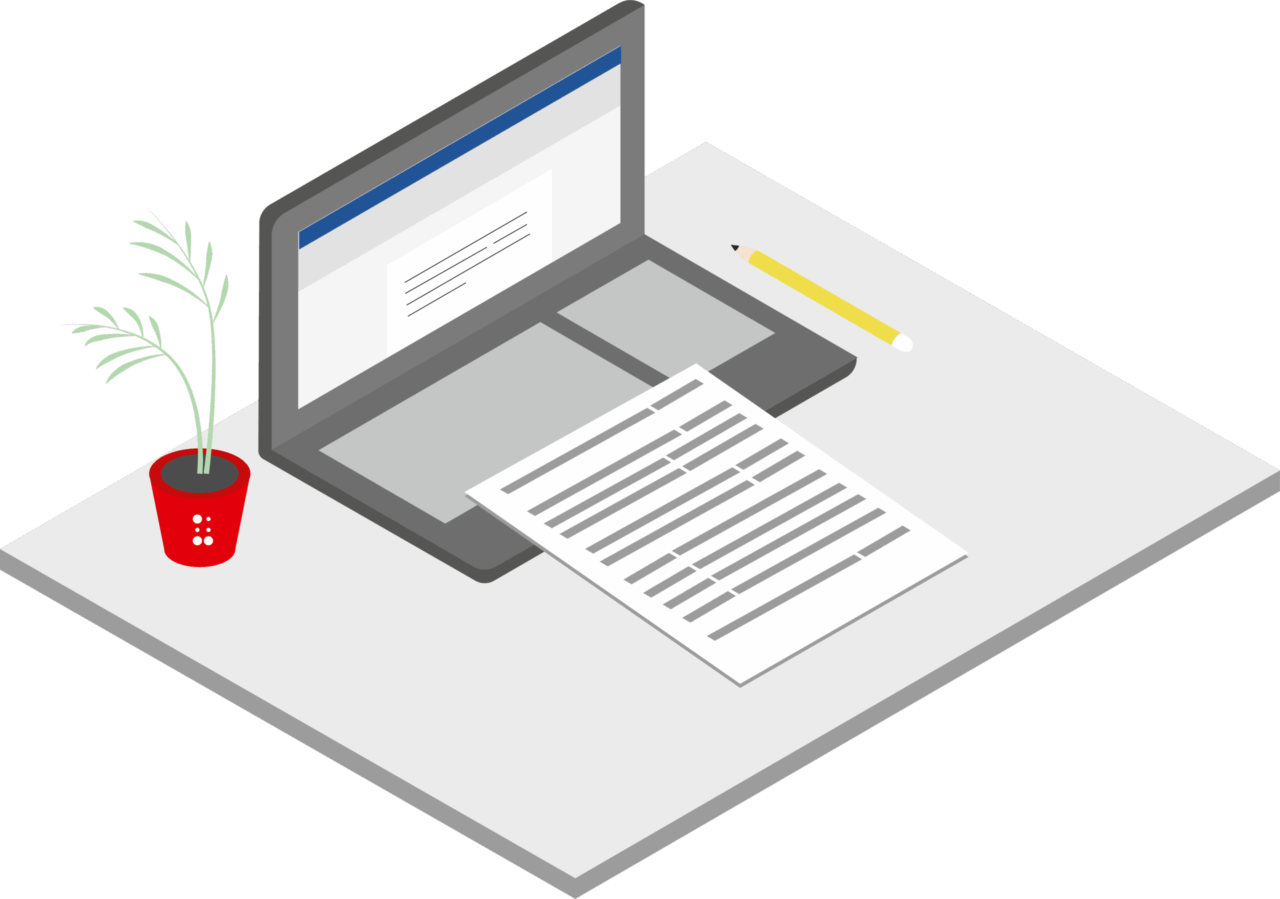 Illustration von einem Laptop. Davor liegt ein beschriebenes Blatt Papier und daneben ein Stift