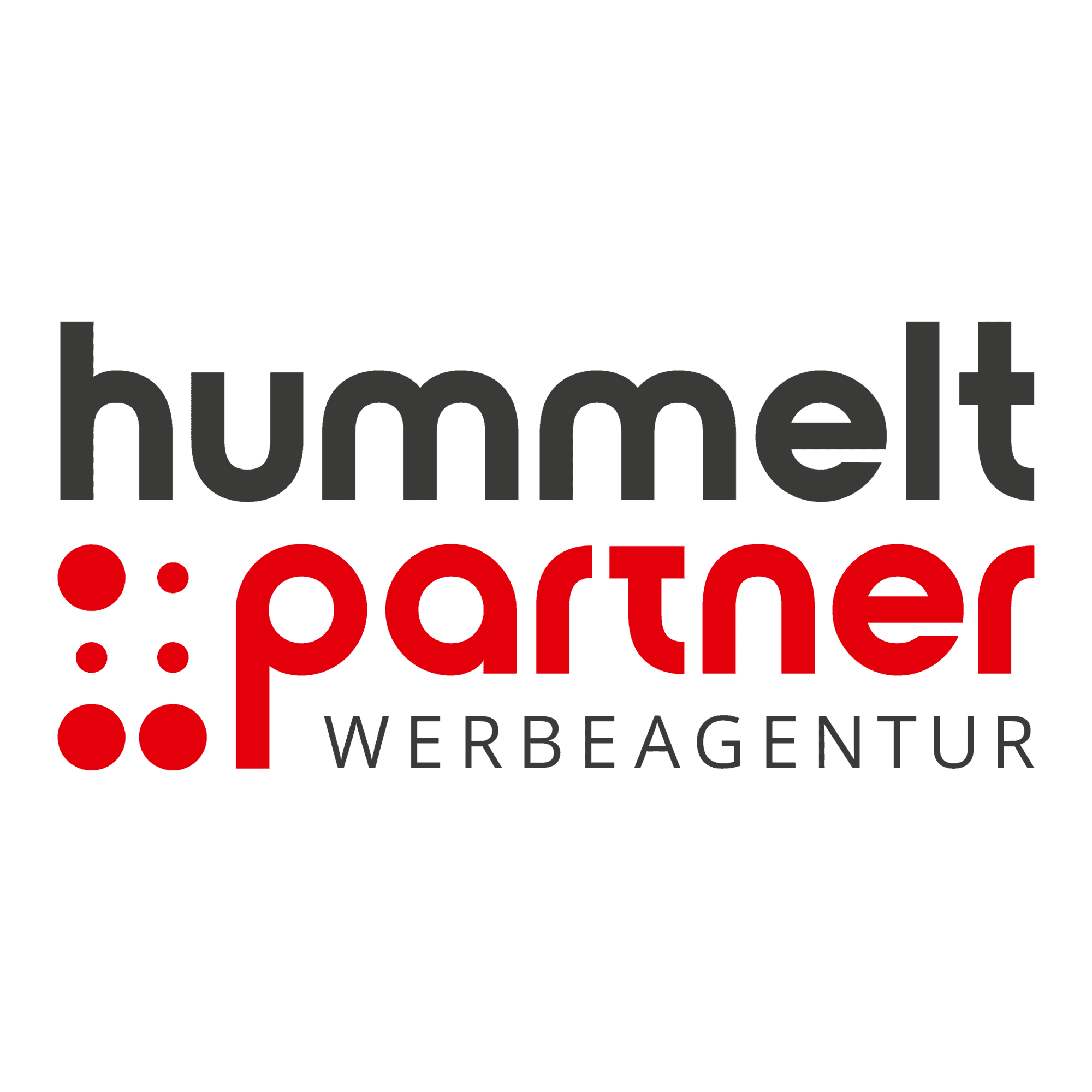 Unser Logo: Schriftzug "Hummelt und Partner - Werbeagentur", wobei das "und" durch ein U in Blindenschrift (6 Punkte) dargestellt ist