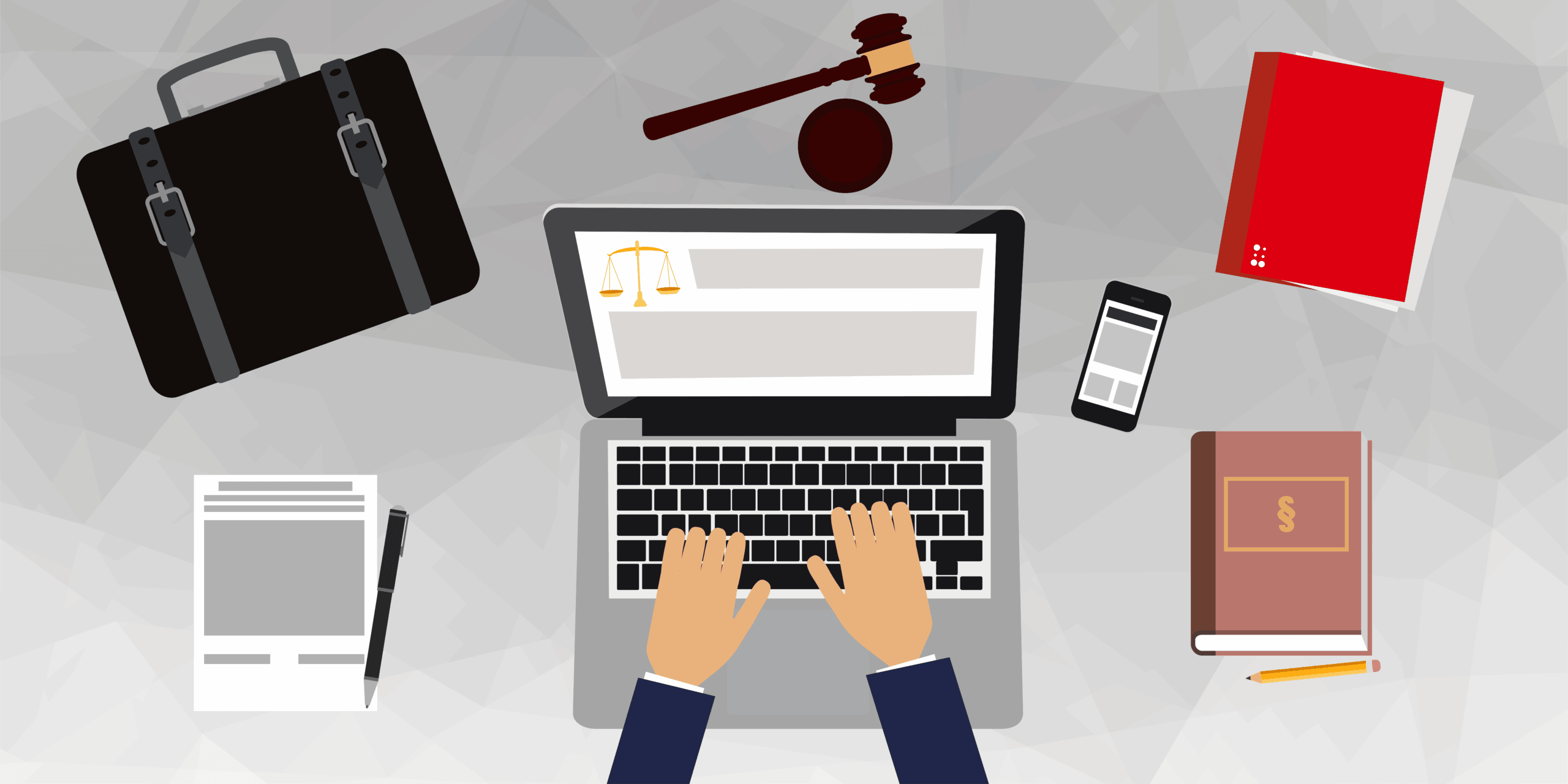 Illustration von einem Arbeitsplatz von oben. Ein Laptop steht in der Mitte, an dem gearbeitet wird.