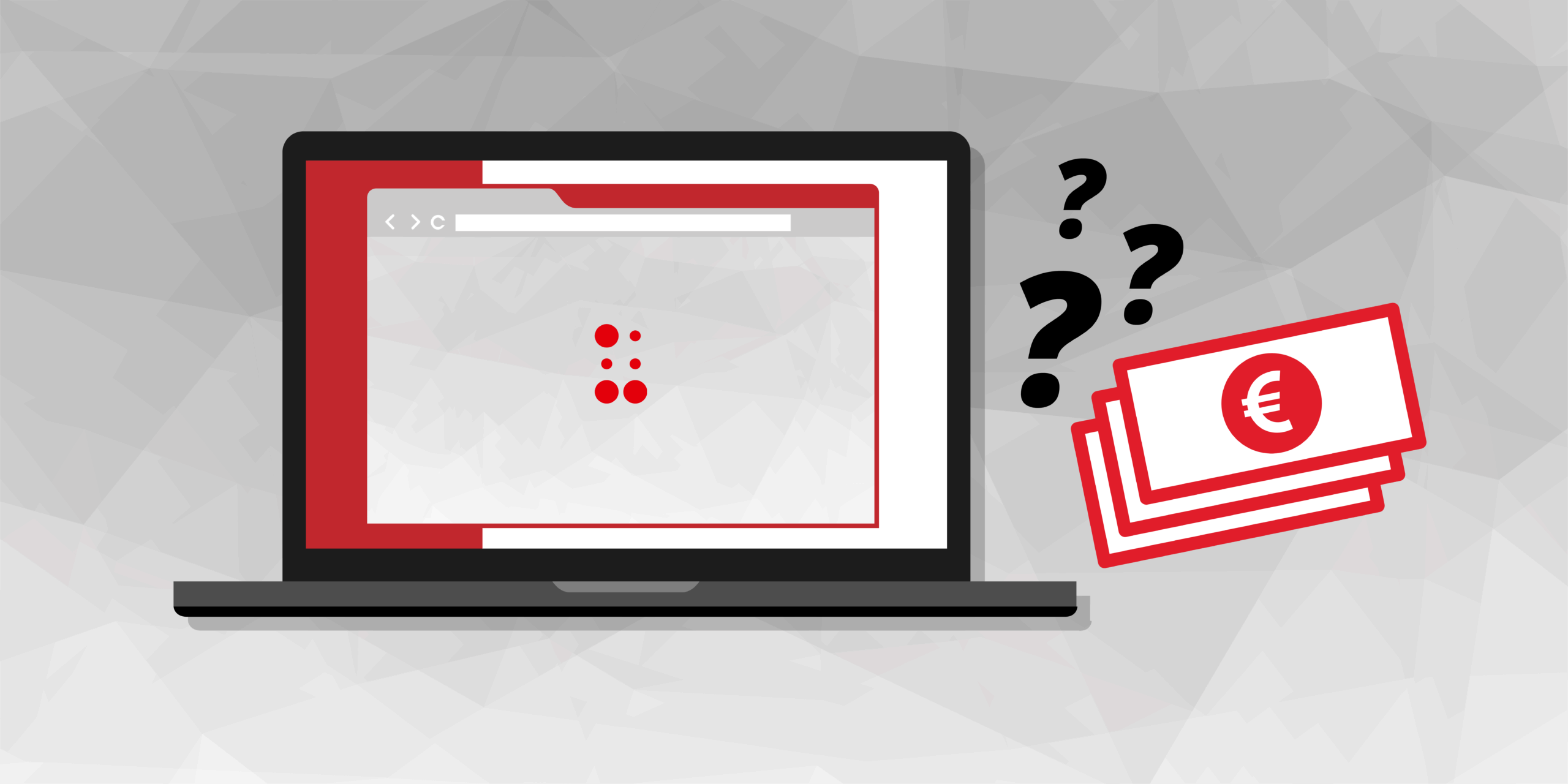 Illustrationen von einem Laptop, daneben Geldscheine und Fragezeichen
