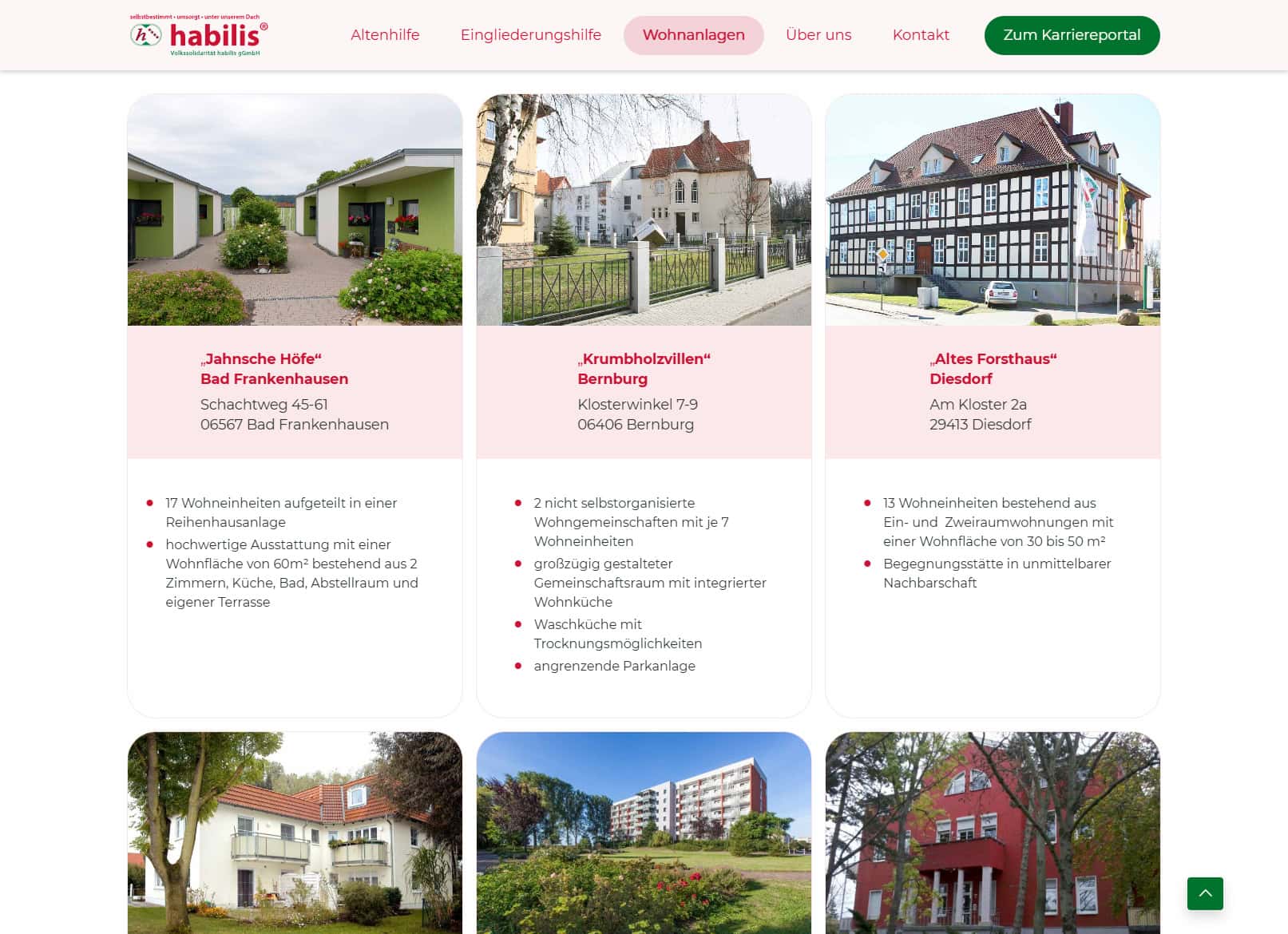 habilis Website Übersicht Wohnanlagen Screenshot von der habilis Website mit der Übersicht zu deren Wohnanlagen