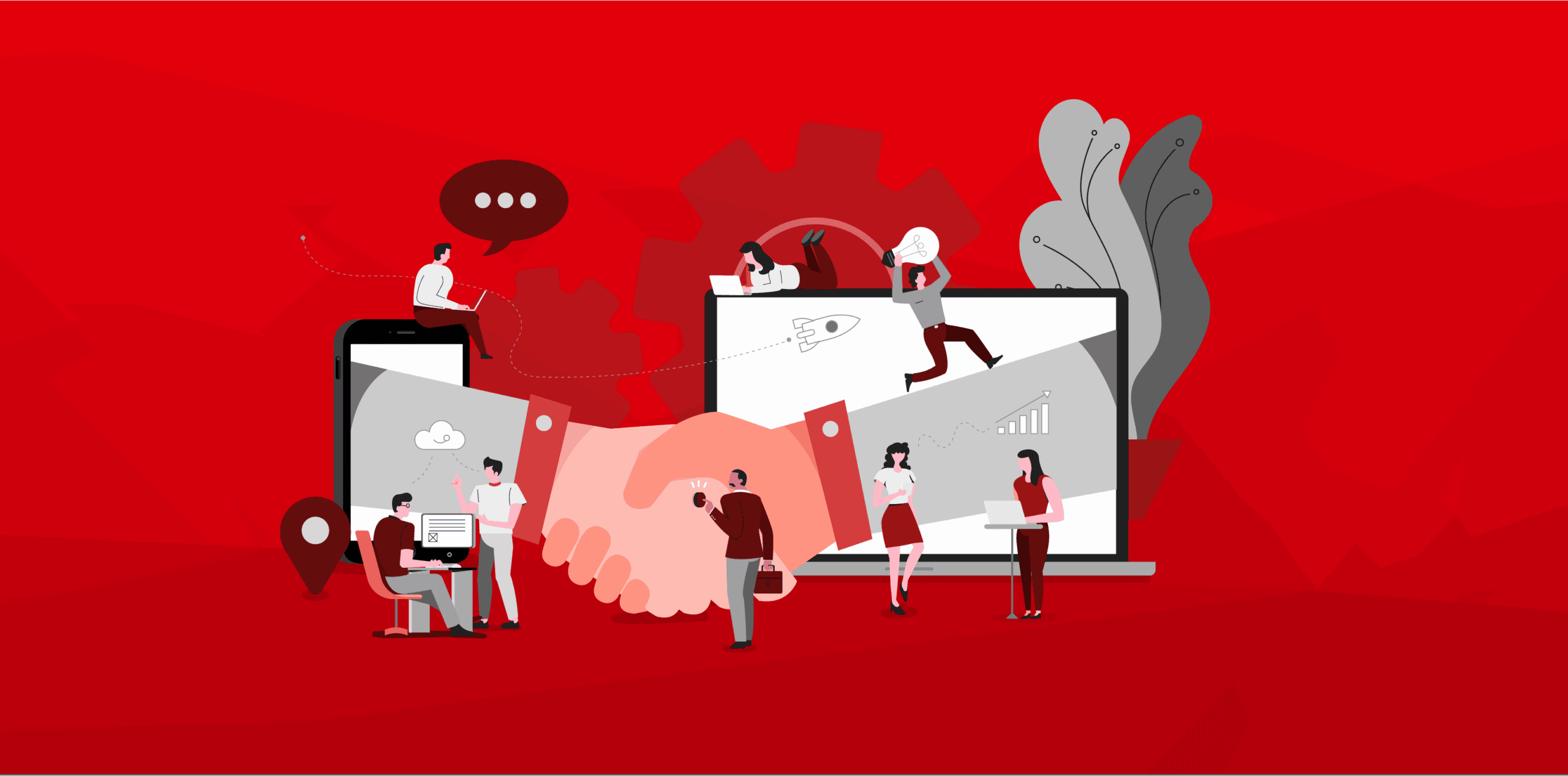 Illustration von einem Smartphone und einem PC, woraus sich zwei Arme die Hand geben. Davor stehen verschiedene Personen, die miteinander interagieren oder beschäftigt sind.