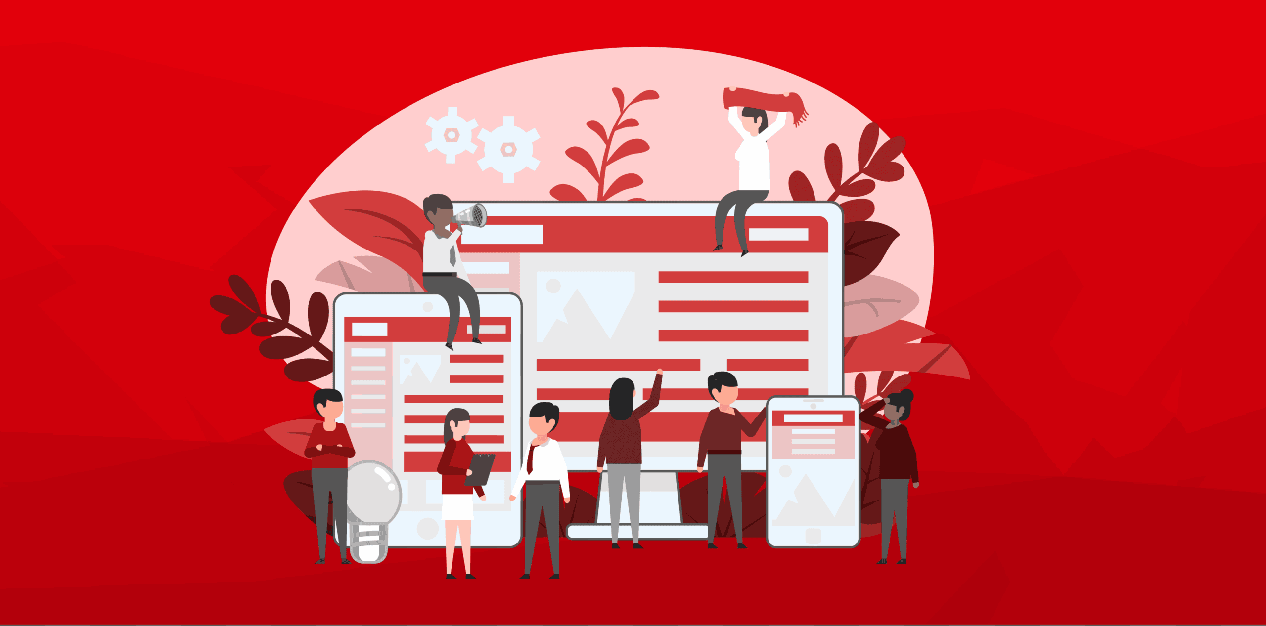 Illustration von verschiedenen Geräten wie PC, Smartphone und Tablet. Darum herum stehen kleine Personen, die mit den Bildschirmen interagieren.