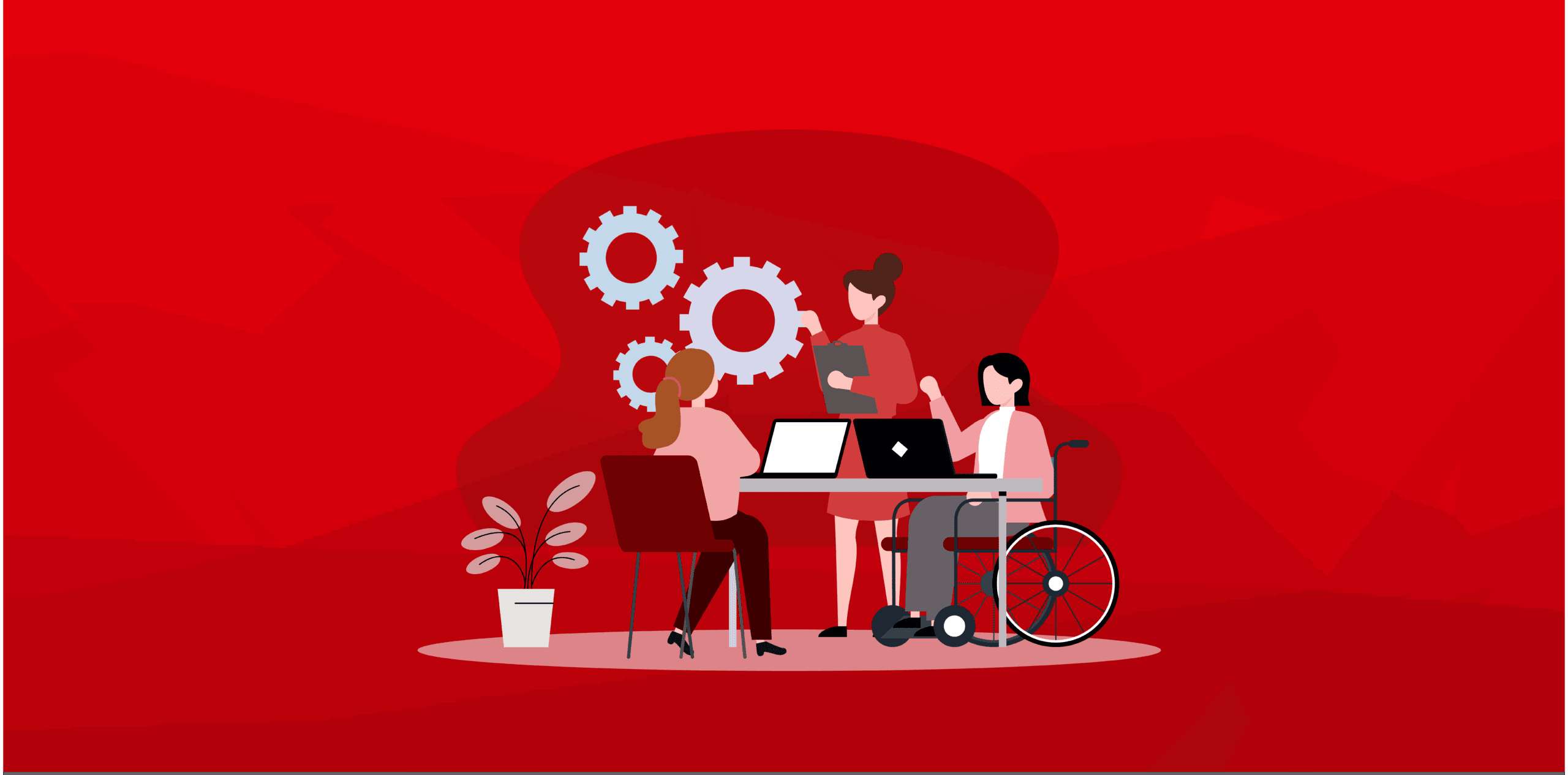 Drei Frauen arbeiten gemeinsam an einem Tisch mit Laptops, eine davon im Rollstuhl. Zahnräder symbolisieren Zusammenarbeit.