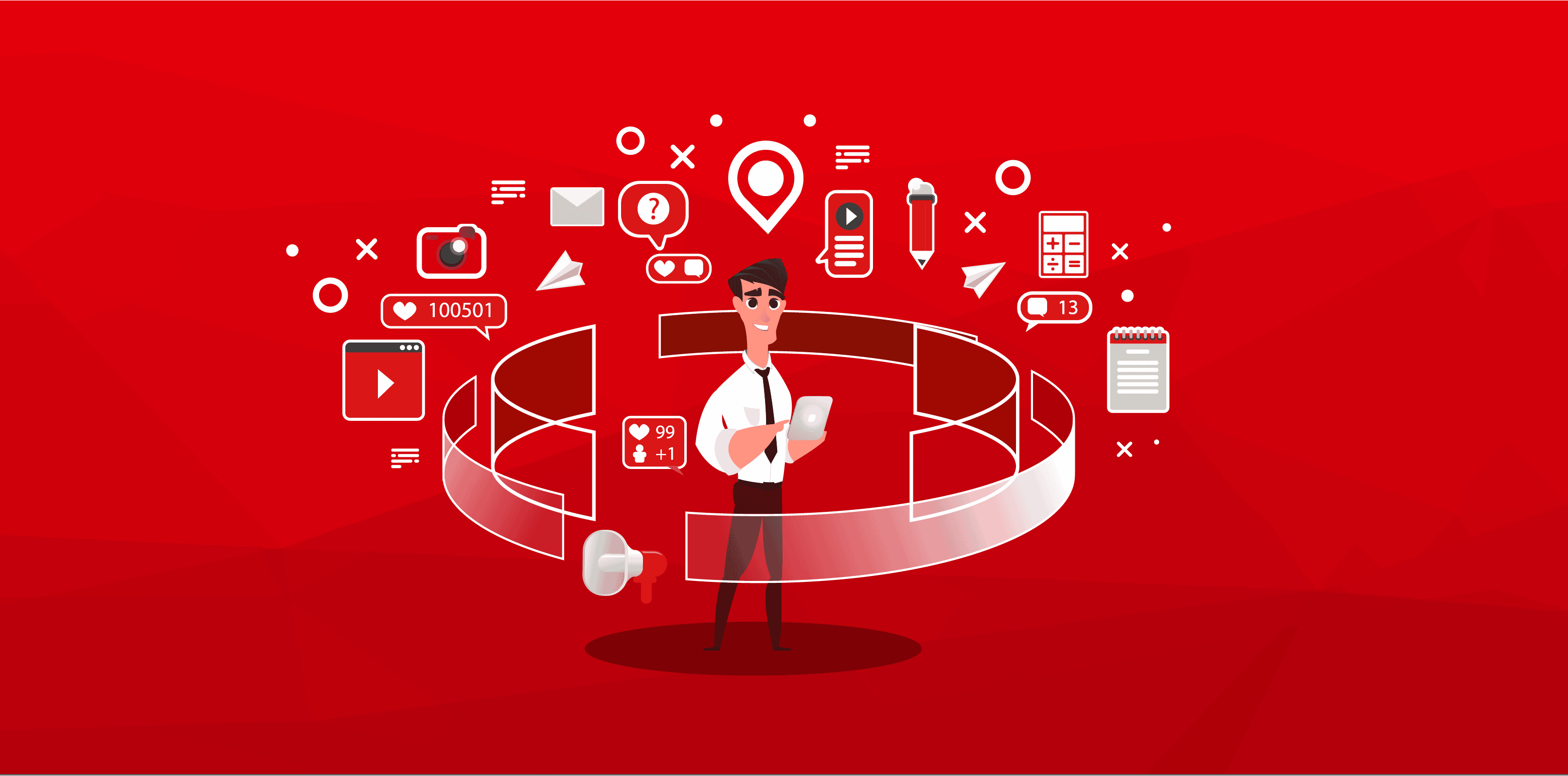 Illustration von einer Person vor einem roten Hintergrund. Um sie herum schwirren symbolische Icons zum Thema Digitales Marketing, wie Stift, Kamera und Beiträge.