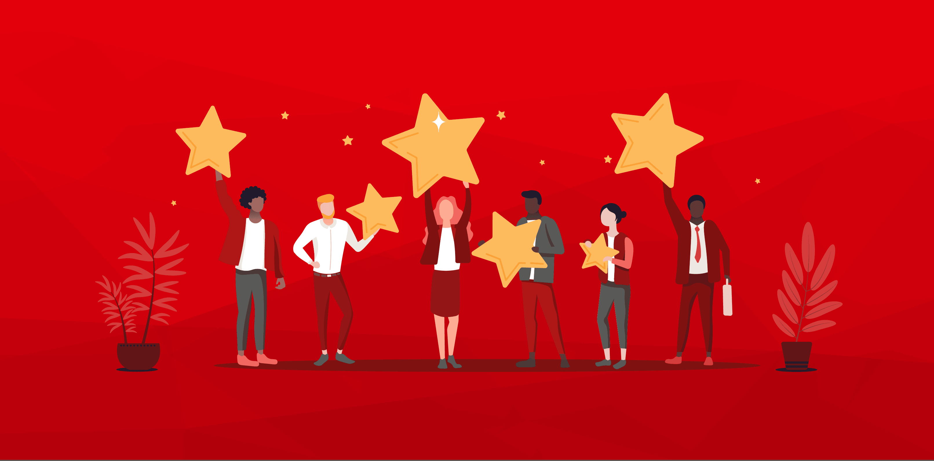 Sechs illustrierte Personen auf rotem Hintergrund halten große gelbe Sterne als Symbol für Erfolg