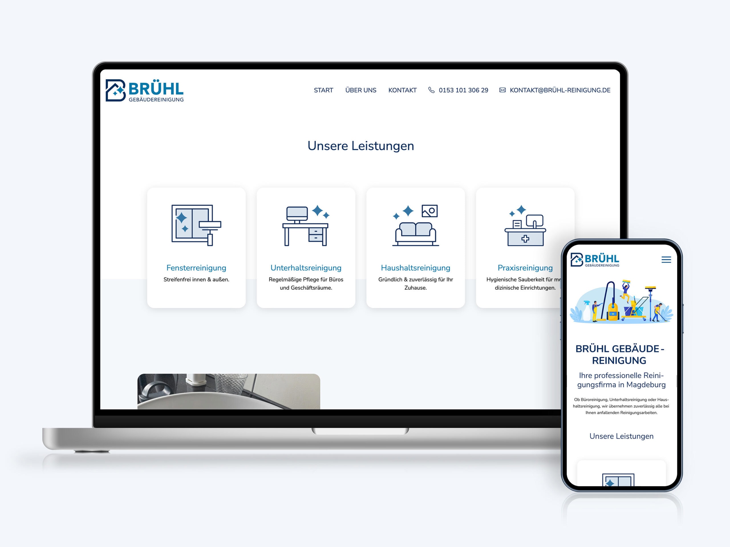 Webdesign Brühl Gebäudereinigung Das Webdesign von hupa Werbeagentur für Brühl Gebäudereinigung Magdeburg auf Laptop und Smartphone