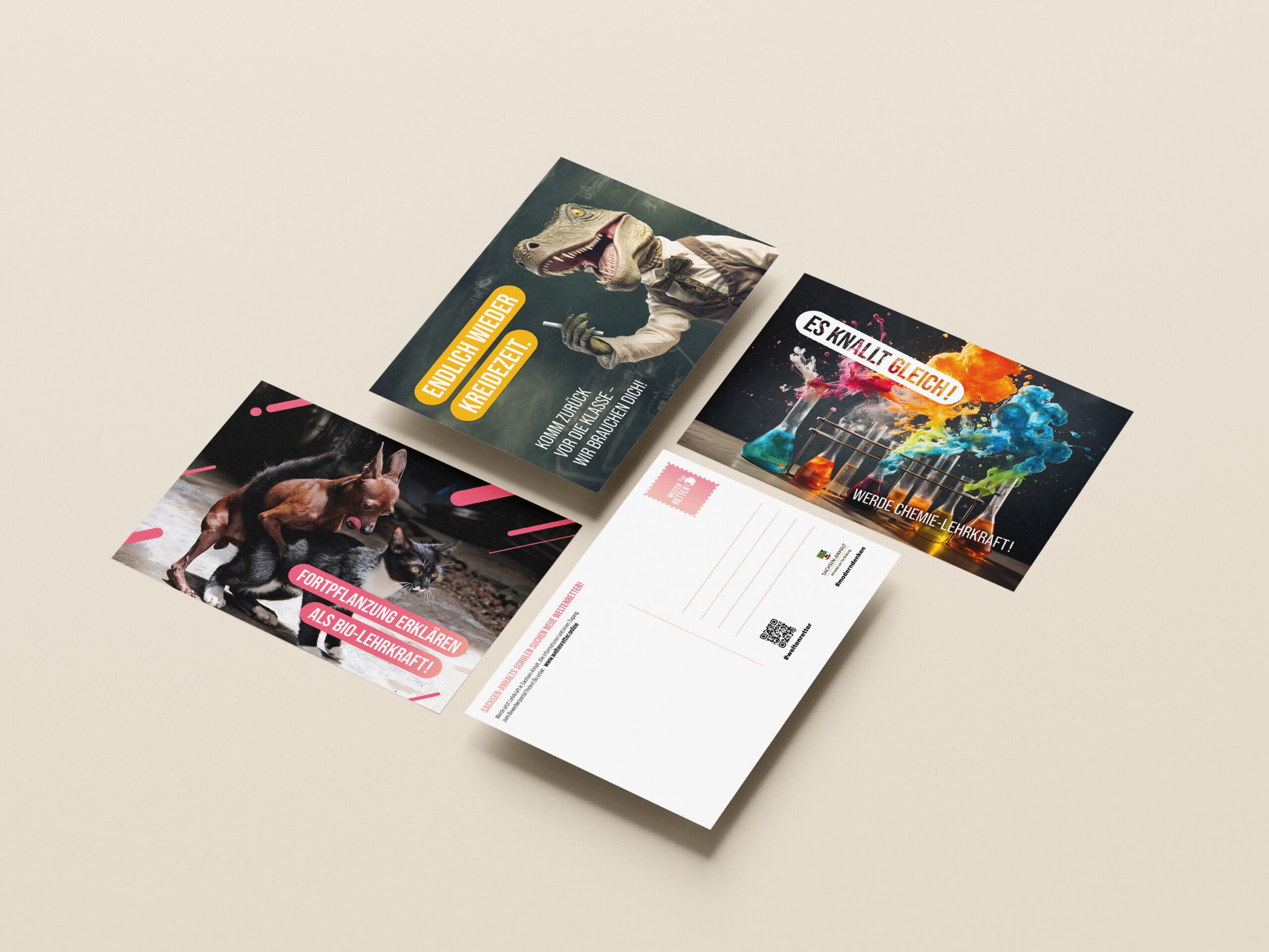 Postkartenserie zur Weltenretter-Kampagne – Ministerium für Bildung Sachsen-Anhalt Vier gestaltete Postkarten der Weltenretter-Kampagne des Ministeriums für Bildung Sachsen-Anhalt mit verschiedenen Umweltmotiven