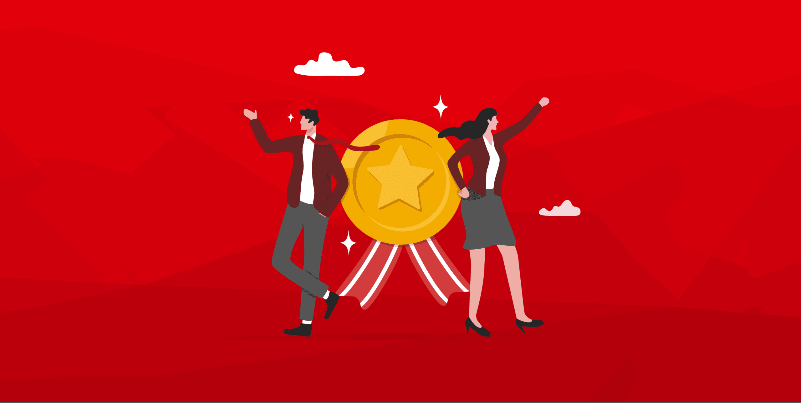Illustration eines Mannes und einer Frau in Businesskleidung, die stolz und dynamisch vor einer großen Medaille mit Stern stehen