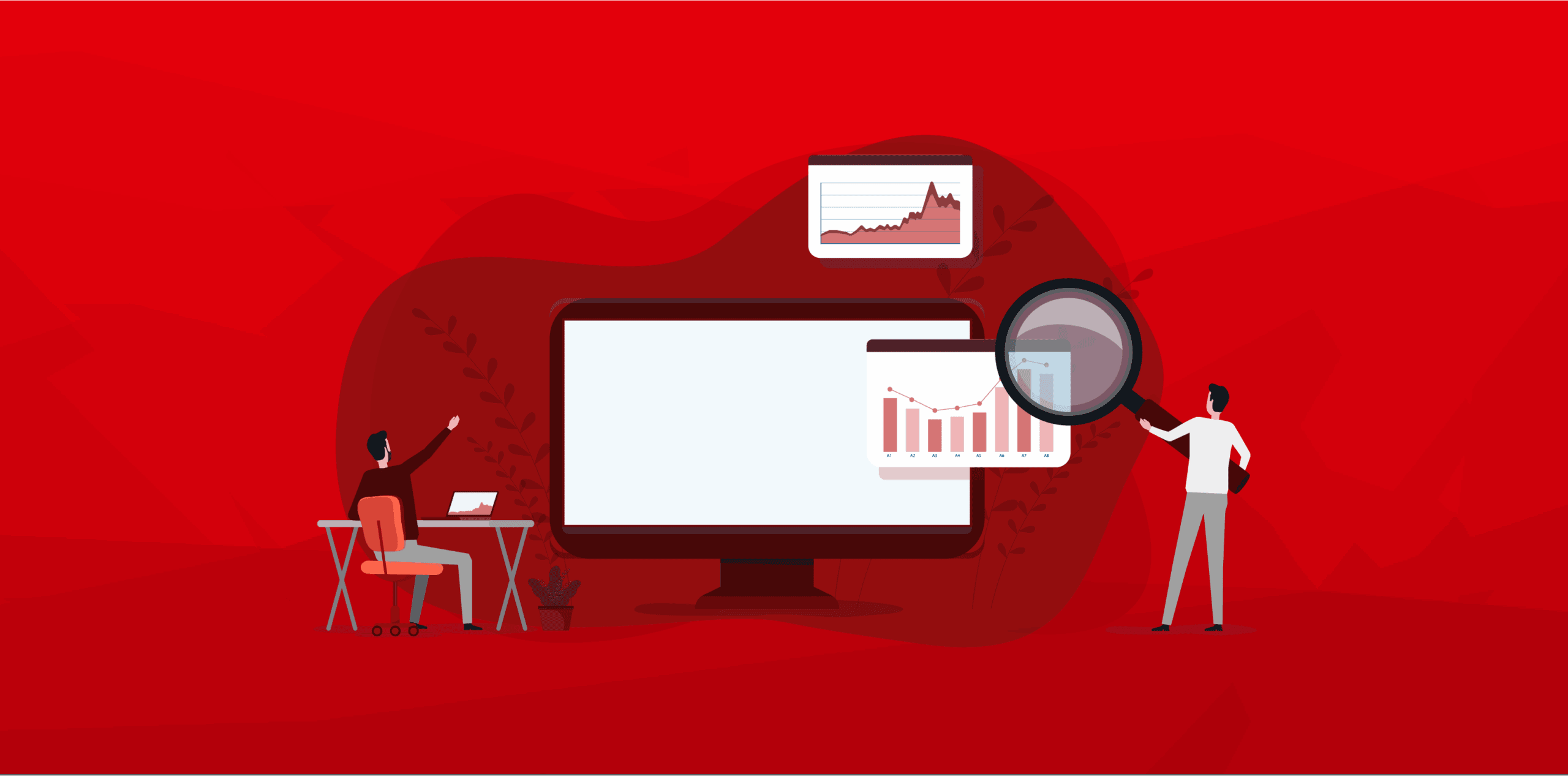 Illustration von einem großen Bildschirm. Daneben stehen Figuren, die mit einer Lupe darauf Diagramme auswerten.