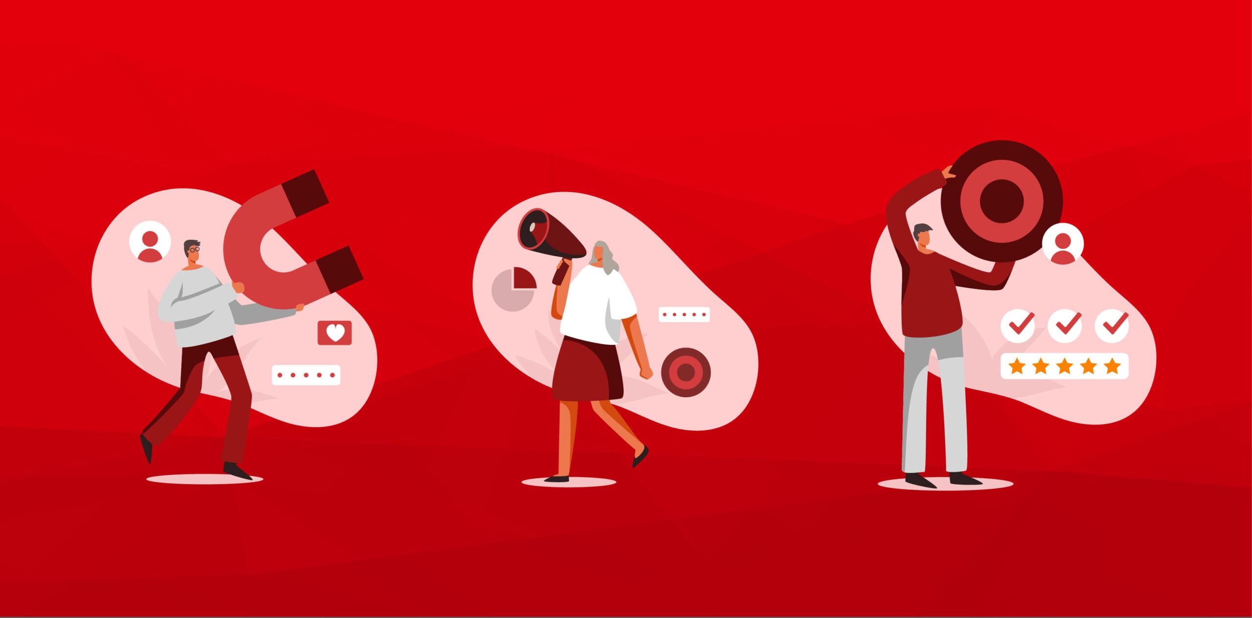 Illustration von 3 Personen vor rotem Hintergrund. Sie halten jeweils ein Magnet, ein Megafon und eine Zielscheibe in die Luft.