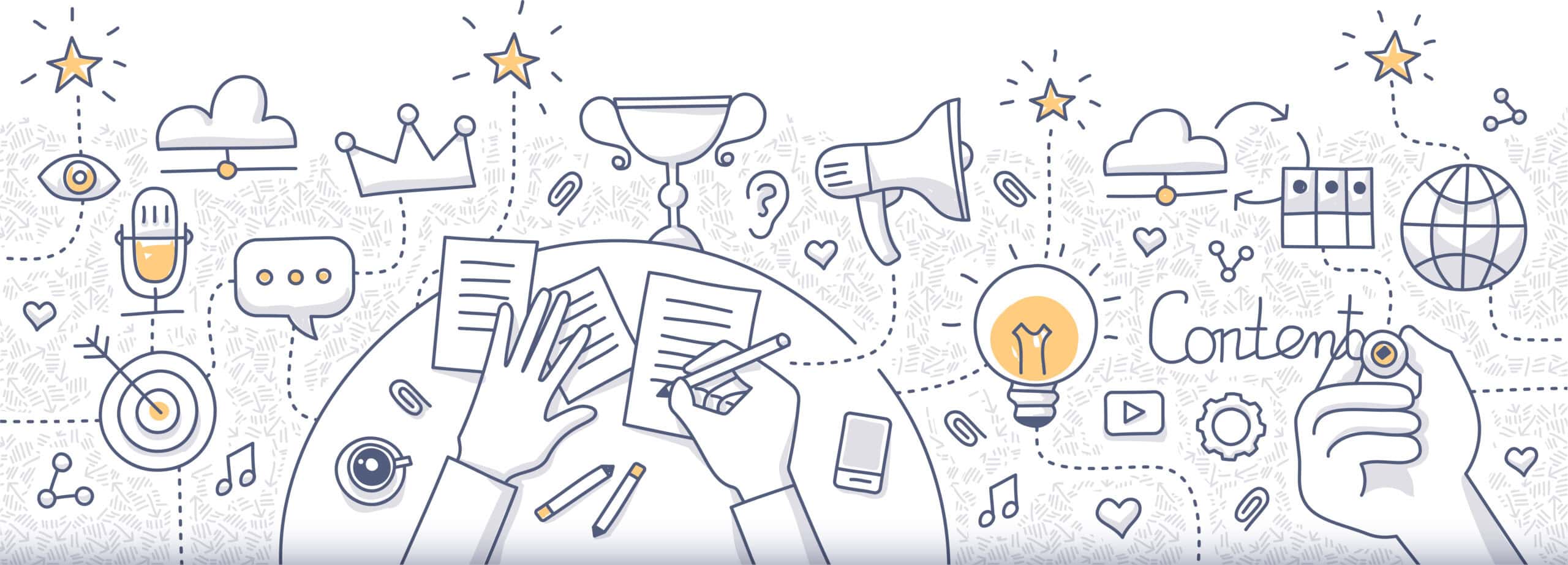 Illustration von vielen verschiedenen Objekten, die mit Marketing assiziiert werden. Eine Hand schriebt "Content"