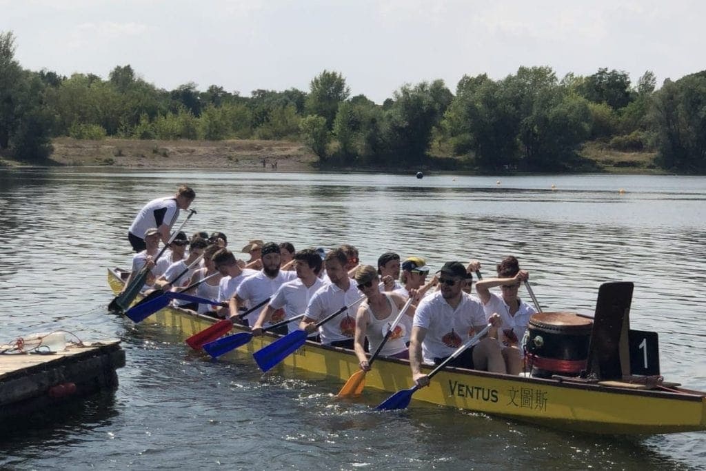 4. Magdeburger Drachenboot Cup Das Hummelt und Partner Team rudert im Drachenboot auf der Elbe