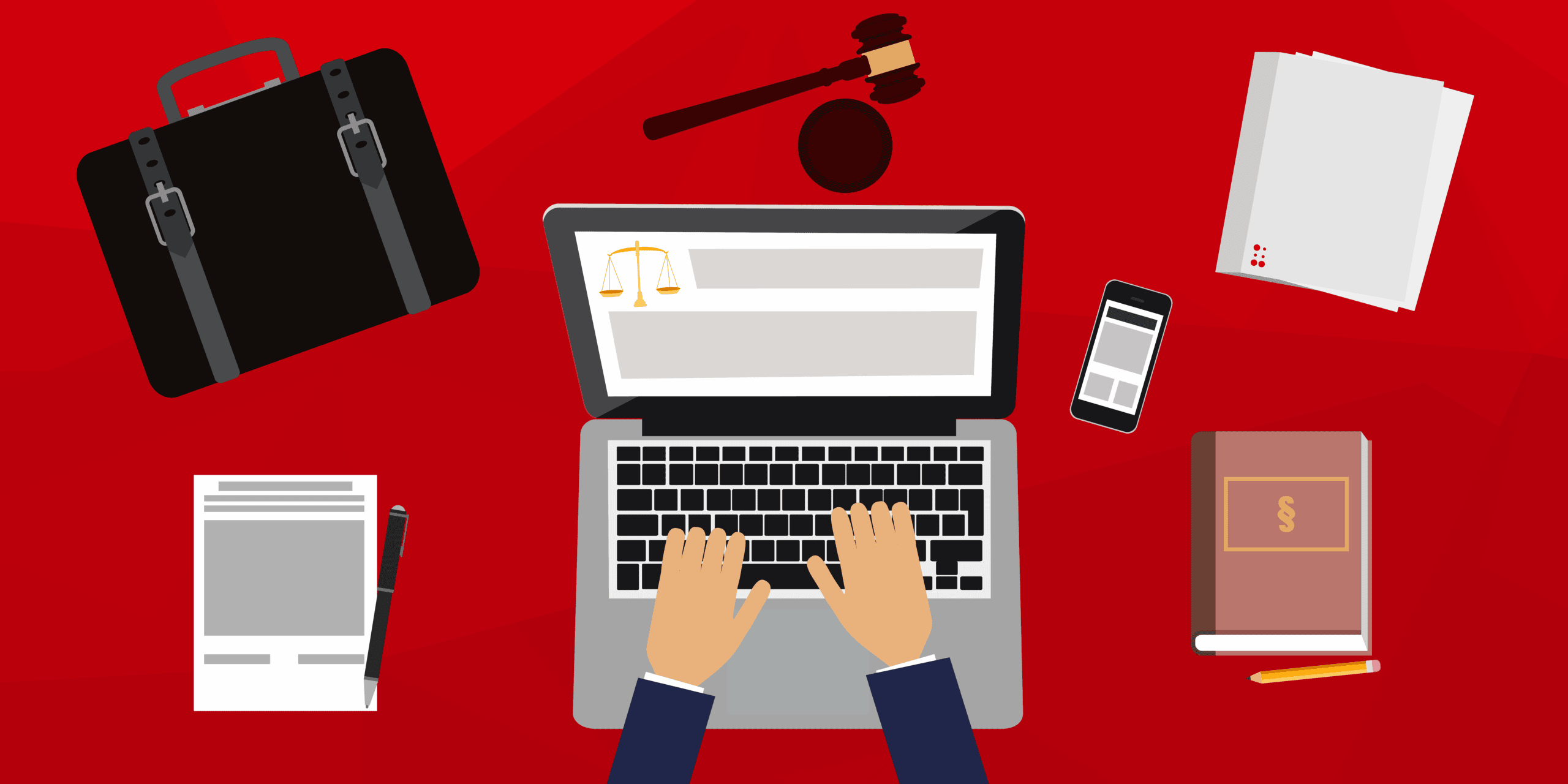 Illustration von einem Laptop, darum herum liegen Notizen, Bücher und ein Richterhammer.