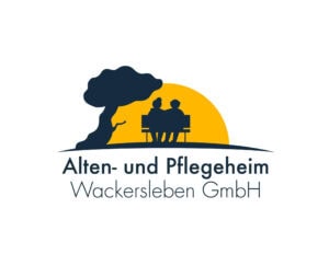 Das von uns gestaltete Logo des Alten- und Pflegeheims Wackersleben. Ein Senioren-Paar sitzt auf einer Bank unter einem Baum bei Sonnenuntergang. Darunter der Name des Unternehmens.