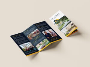 Referenz: 6-Seitiger Flyer im dunklen und modernen Design für Alten- und Pflegeheim Wackersleben.