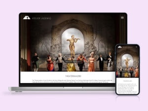 Startseite der Website von Atelier Ladewig Magdeburg auf Desktop und Smartphone. Auf der Website zu sehen ist ein großes Werk zur Theatermalerei vom Künstler.