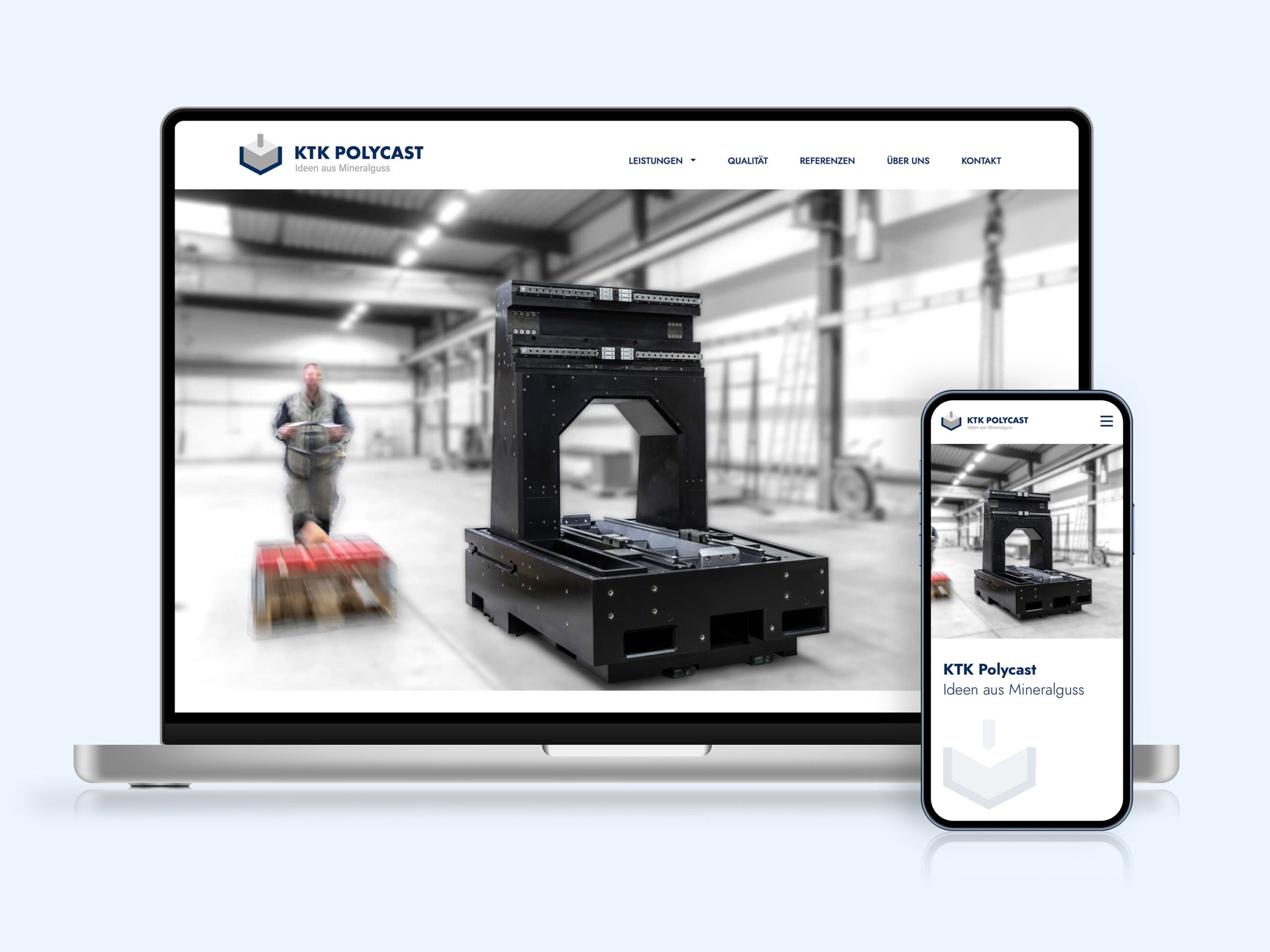 Mock-Up von einem Laptop und Smartphone mit dem Webdesign der Startseite von der KTK Polycast GmbH.