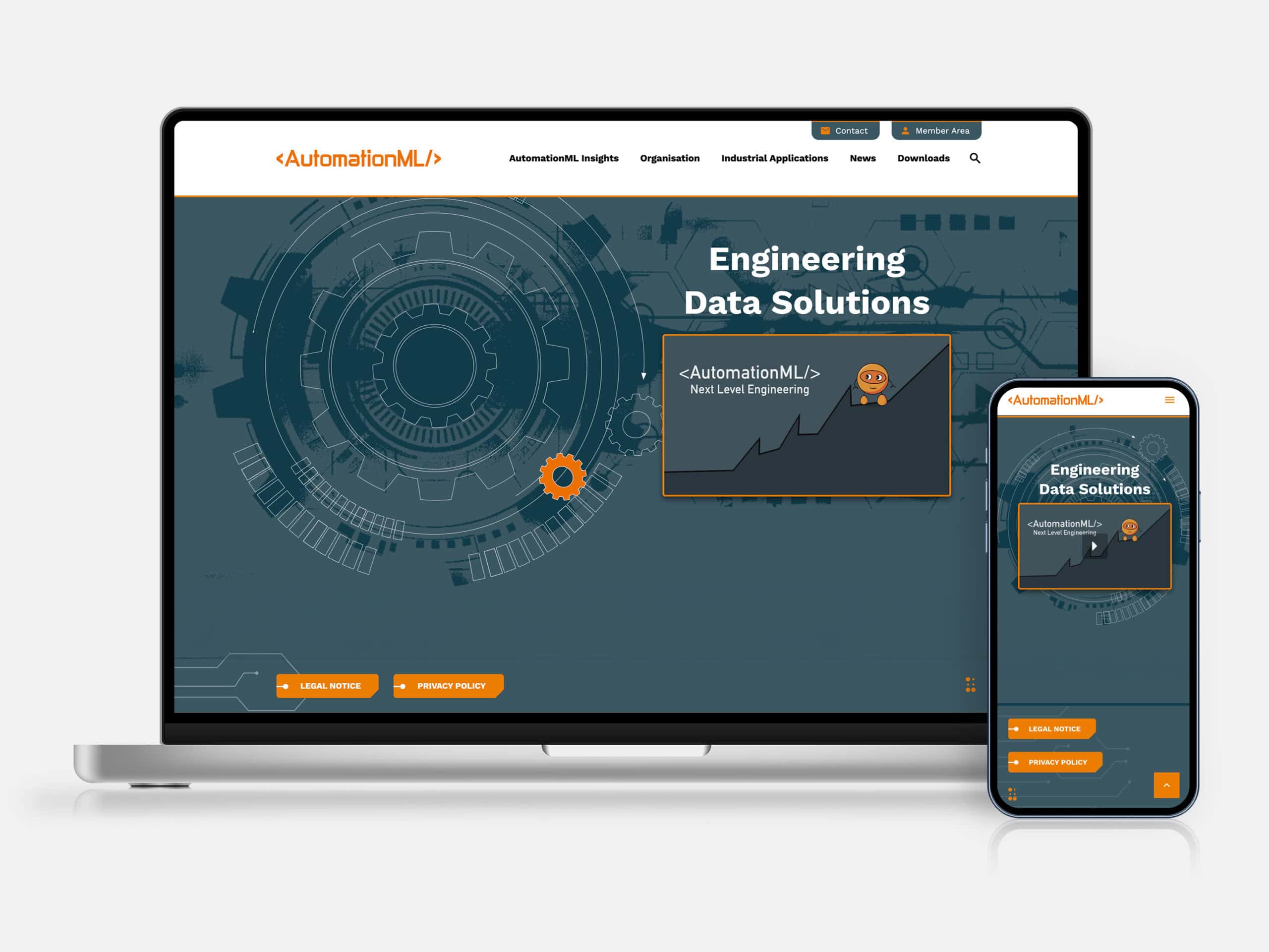 Webdesign für AutomationML Magdeburg Bild von einem Desktop und Smartphone, die die von uns designte Startseite der AutomationML e.V. aus Magdeburg zeigen.
