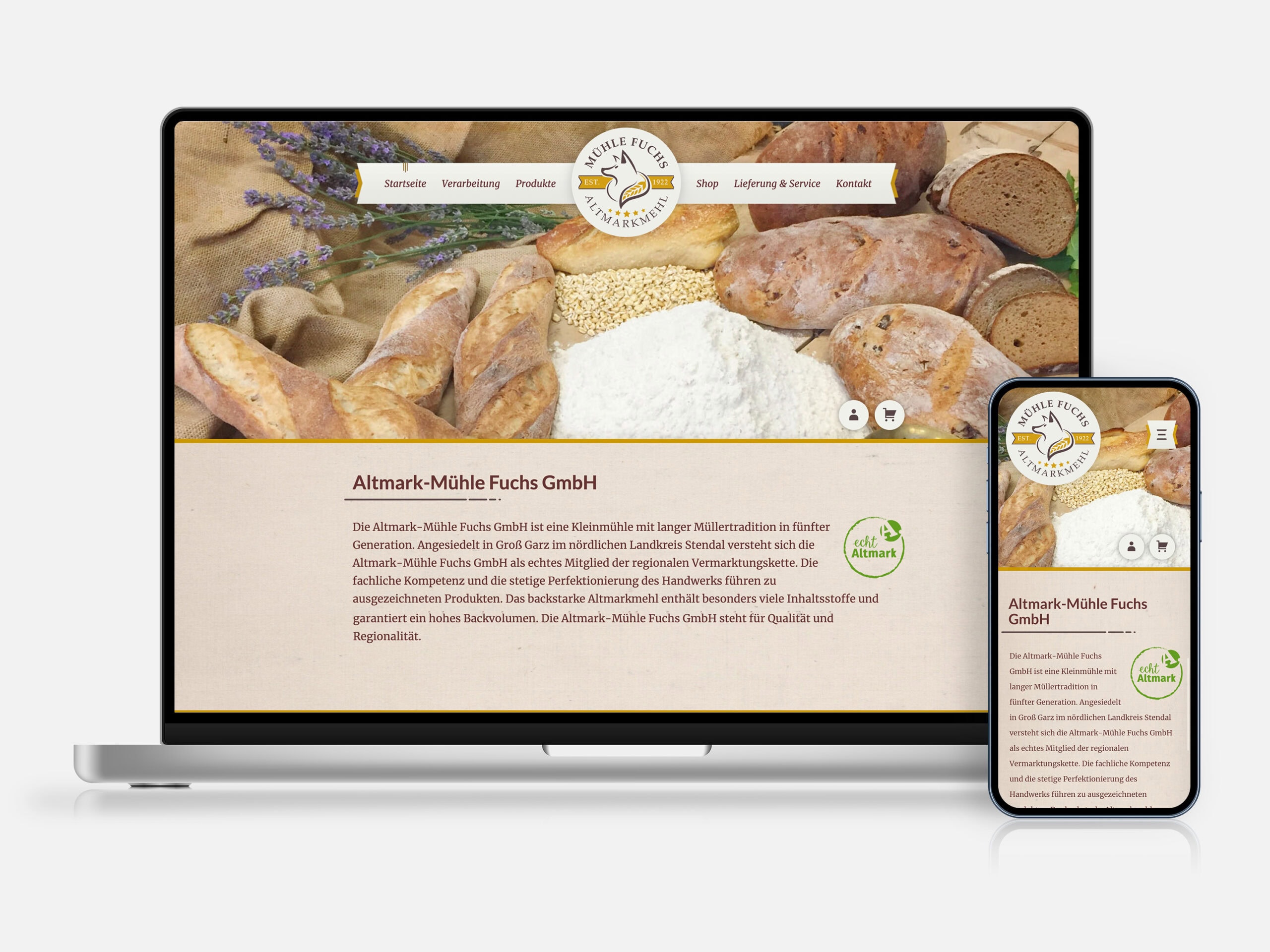 Die Startseite der Website von Altmark-Mühle Fuchs auf jeweils Desktop und Smartphone.