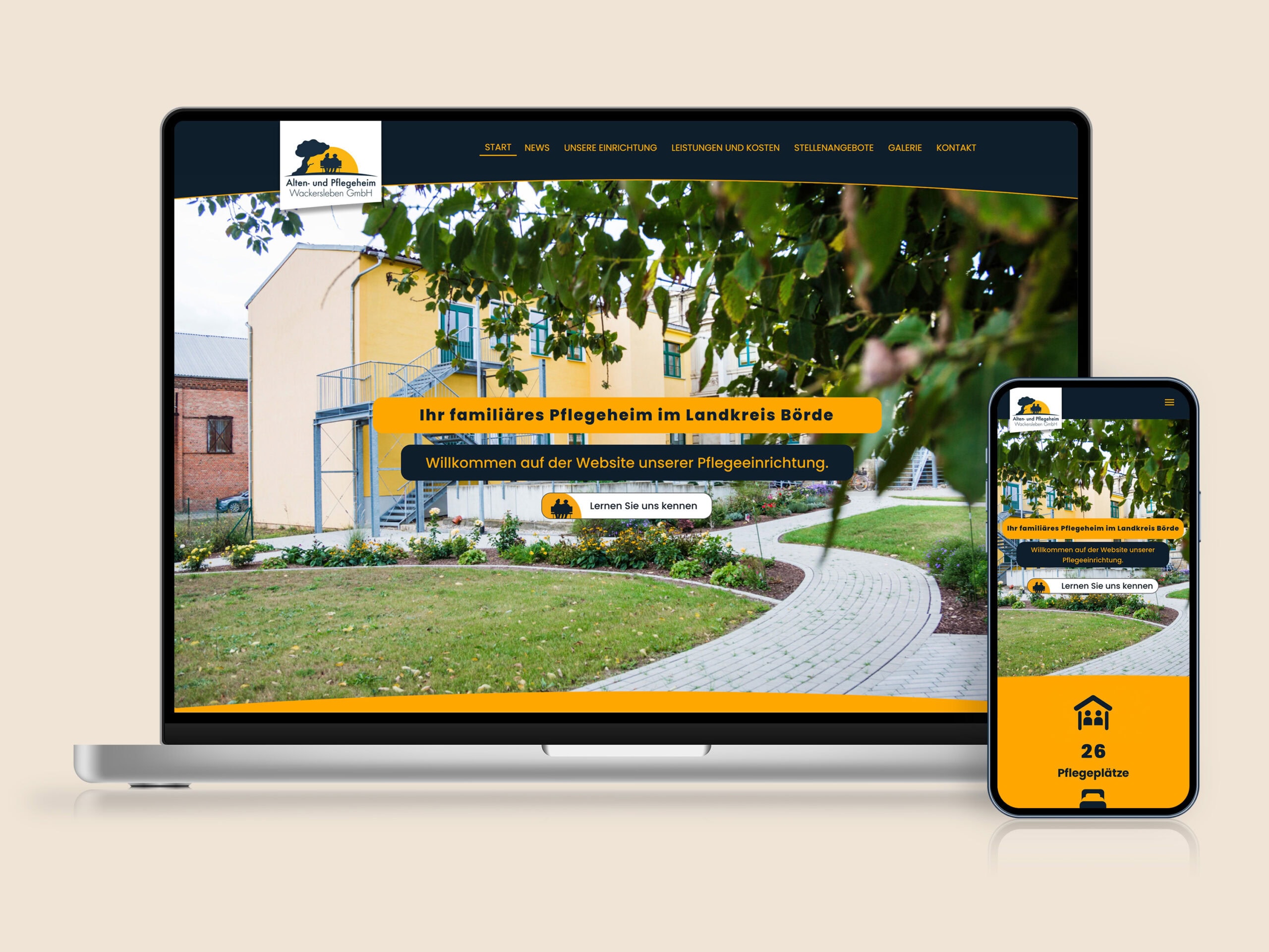 Webdesign Alten- und Pflegeheim Wackersleben Die Startseite der Website vom Alten- und Pflegeheim Wackersleben auf jeweils Desktop und Smartphone.