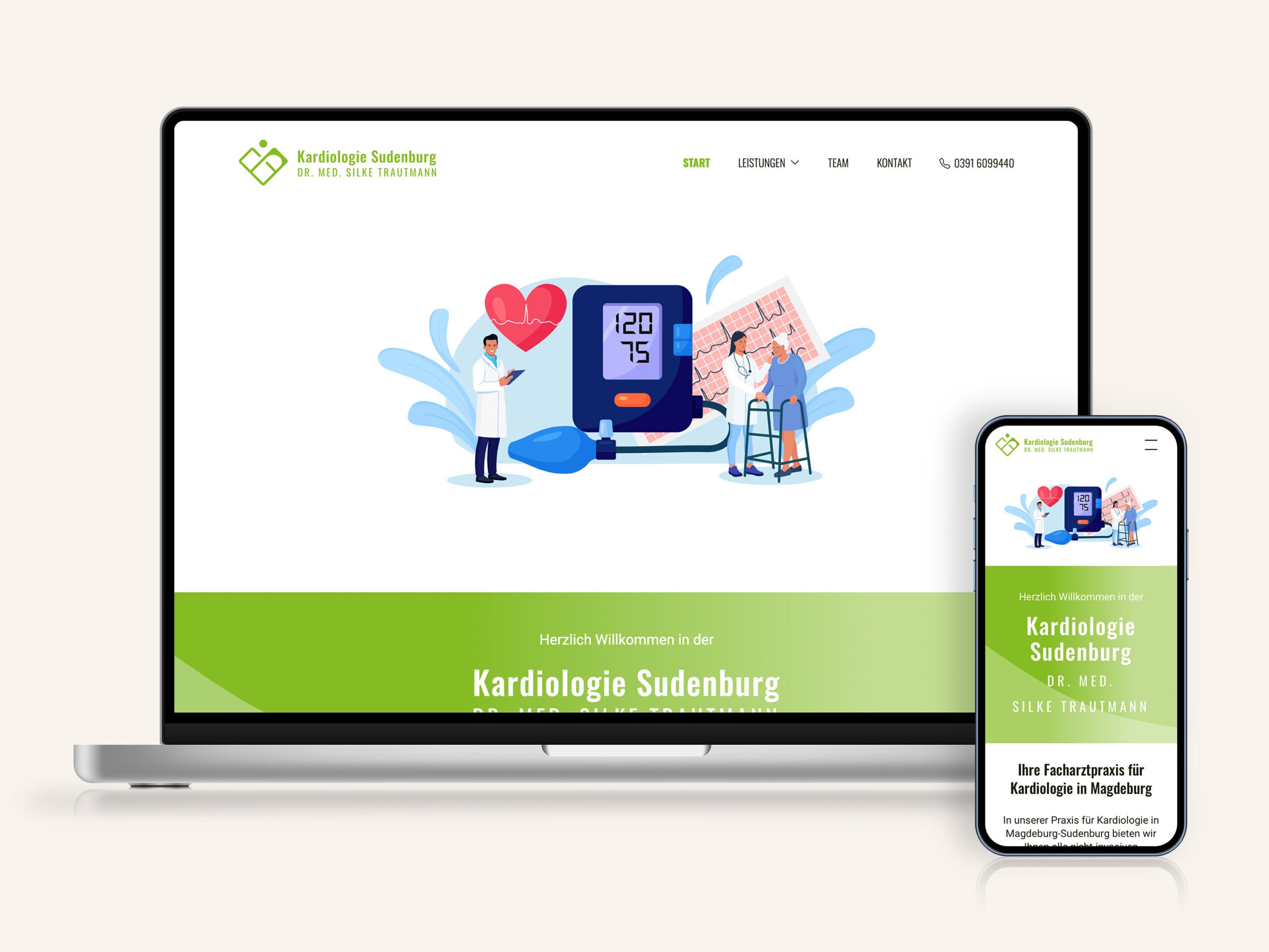 Die Startseite der Website von Kadriologie Sudenburg auf Laptop und Smartphone. Webdesign aus Magdeburg.