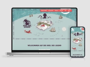Webdesign: die Startseite der Insel der Jugend Magdeburg auf Laptop und Smartphone.