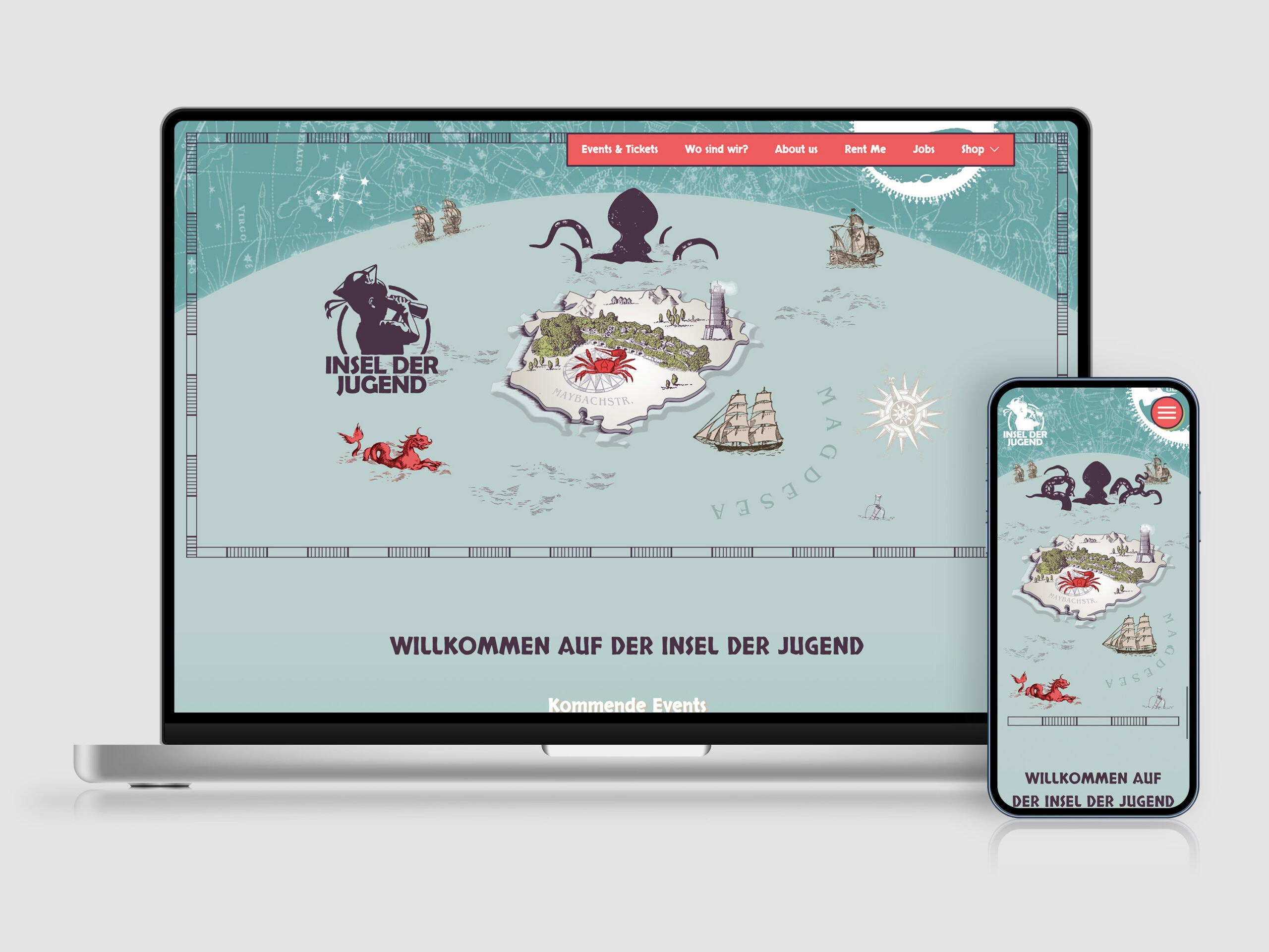 Webdesign: die Startseite der Insel der Jugend Magdeburg auf Laptop und Smartphone.