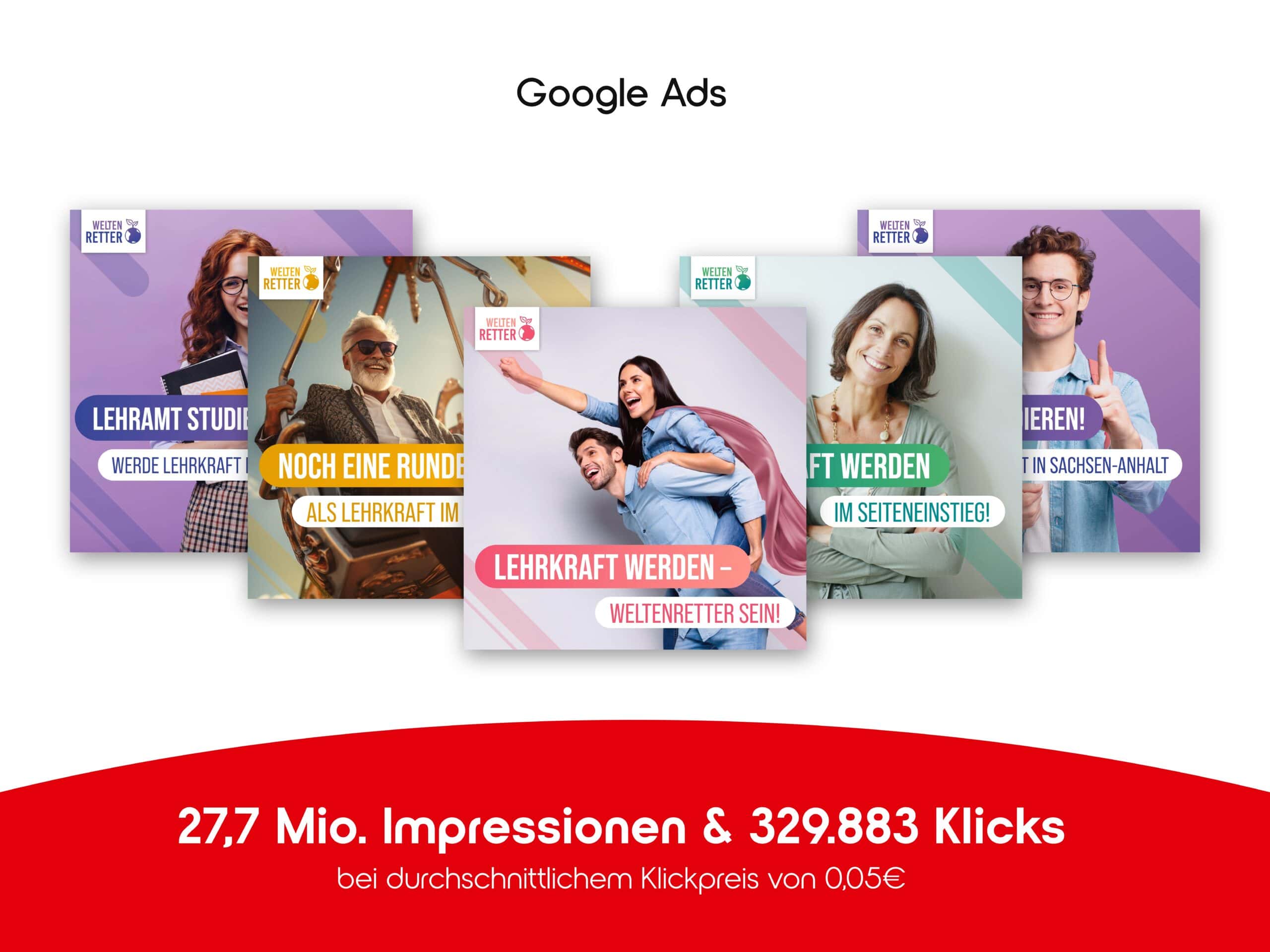 Weltenretter Google Ads Ergebnisse Eine Aufreihung der Grafiken für die Displaywerbung in Google Ads für die Weltenretter-Kampagne.