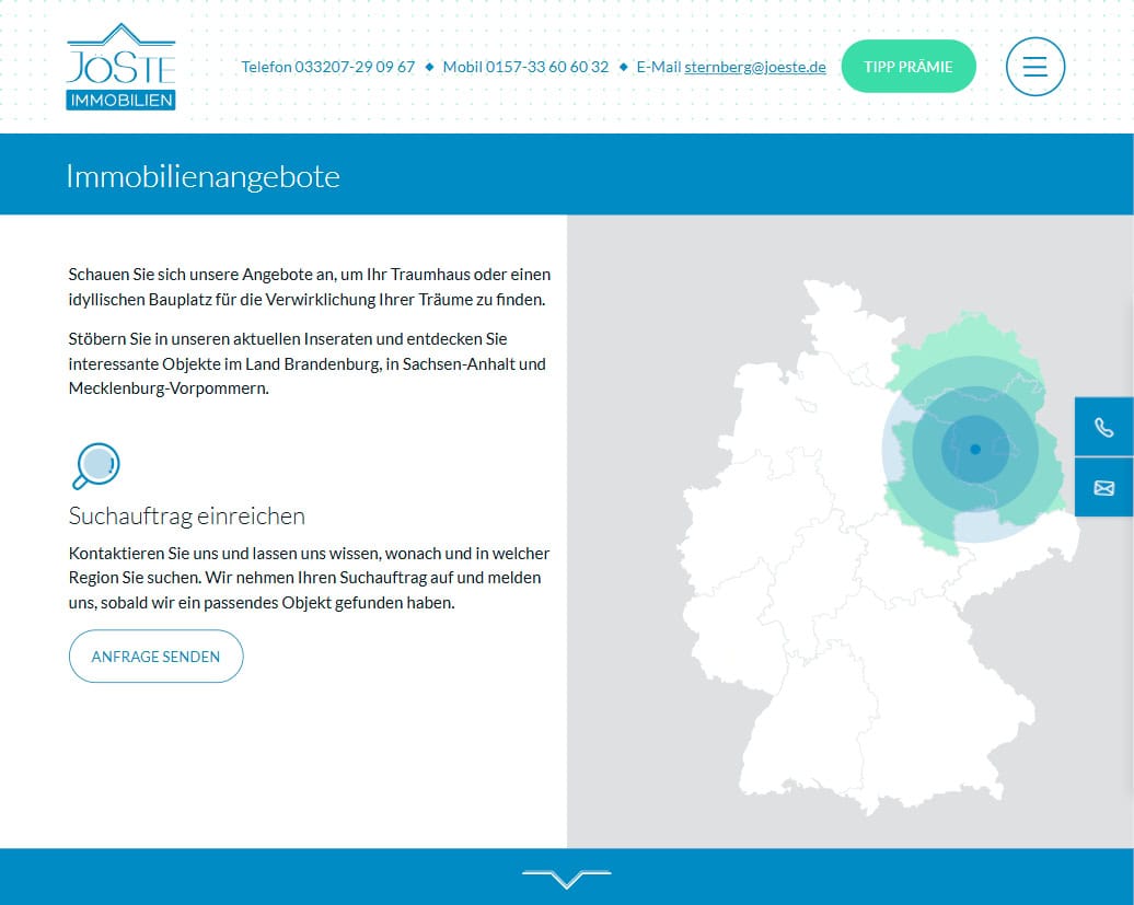 JöSte Immobilien Webdesign mit Karte Ausschnitt von der JöSte Website mit Karte für Standort und Einzugsgebiet