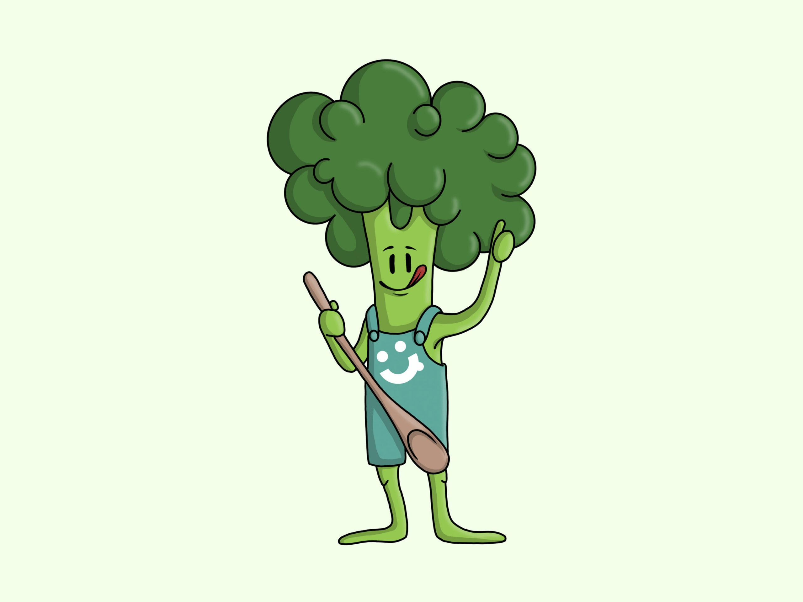 Maskottchen-Design MENÜ EXPRESS 01 Illustration vom Menü Express Maskottchen: EIn Brokoli, der einen Löffel in der Hand hält und einen Daumen hoch zeigt. Er leckt sich über den Mund als "Lecker"-Geste.