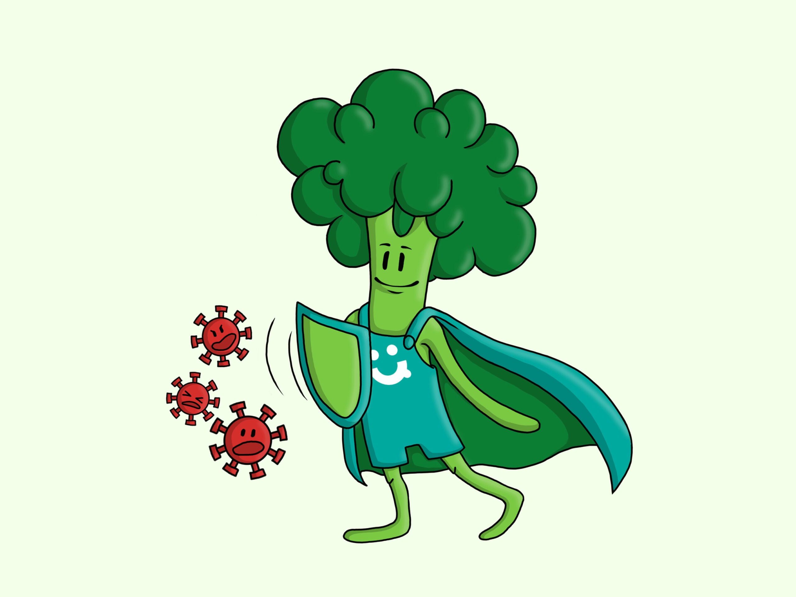 Maskottchen-Design MENÜ EXPRESS 02 Illustration vom Menü Express Maskottchen: EIn Brokoli trägt ein Cape und Schild und wehrt damit Bazillen ab.