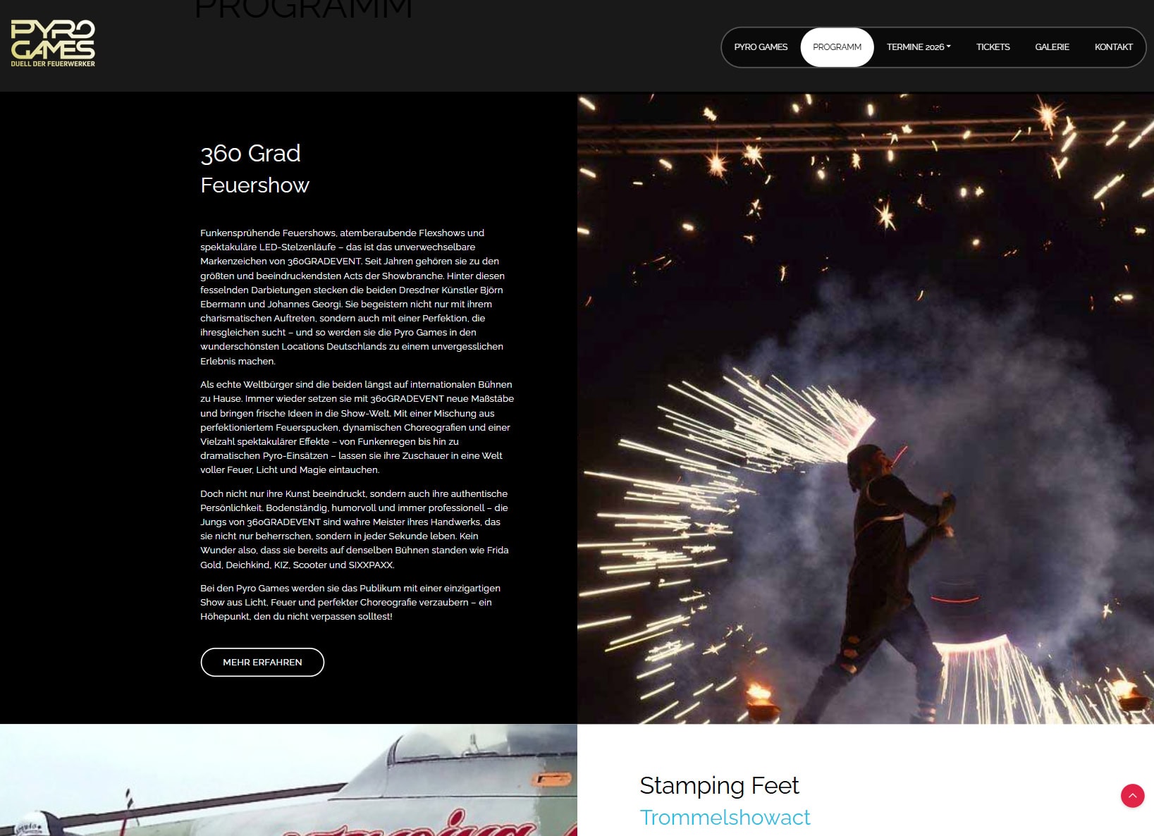 Pyrogames Website Programm Ausschnitt von der Pyrogames Unterseite zum Programm