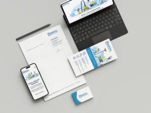 Auf einem Tisch liegt die Geschäftsausstattung für Brühl Gebäudereinigung: Flyer, Visitenkarten, Briefbögen und die geöffnete Website auf einem Handy.