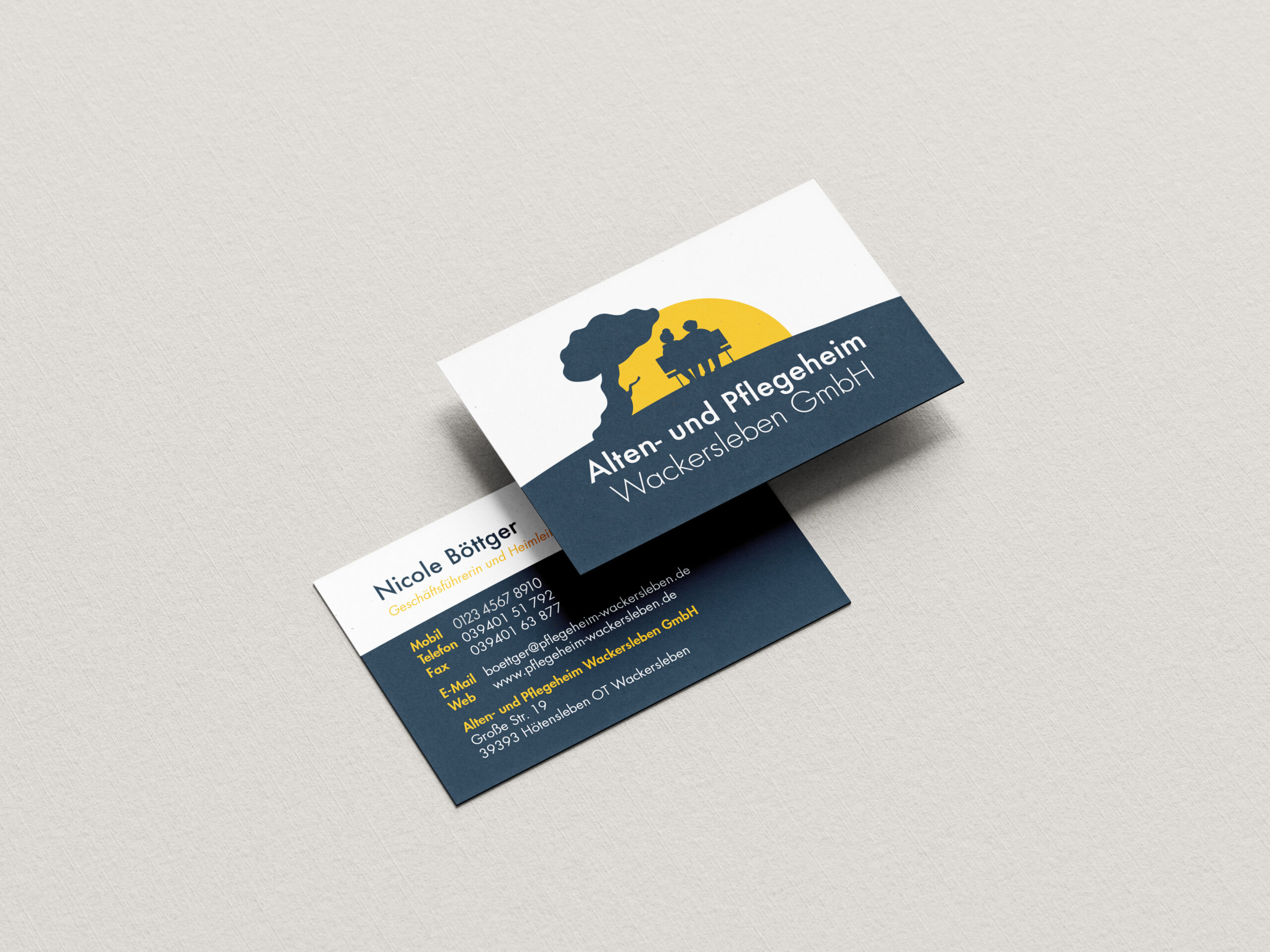 Visitenkarten für Pflegeheim Wackersleben Vorder- und Rückseite der neuen Visitenkarte im Corporate Design des Pflegeheims Wackersleben.