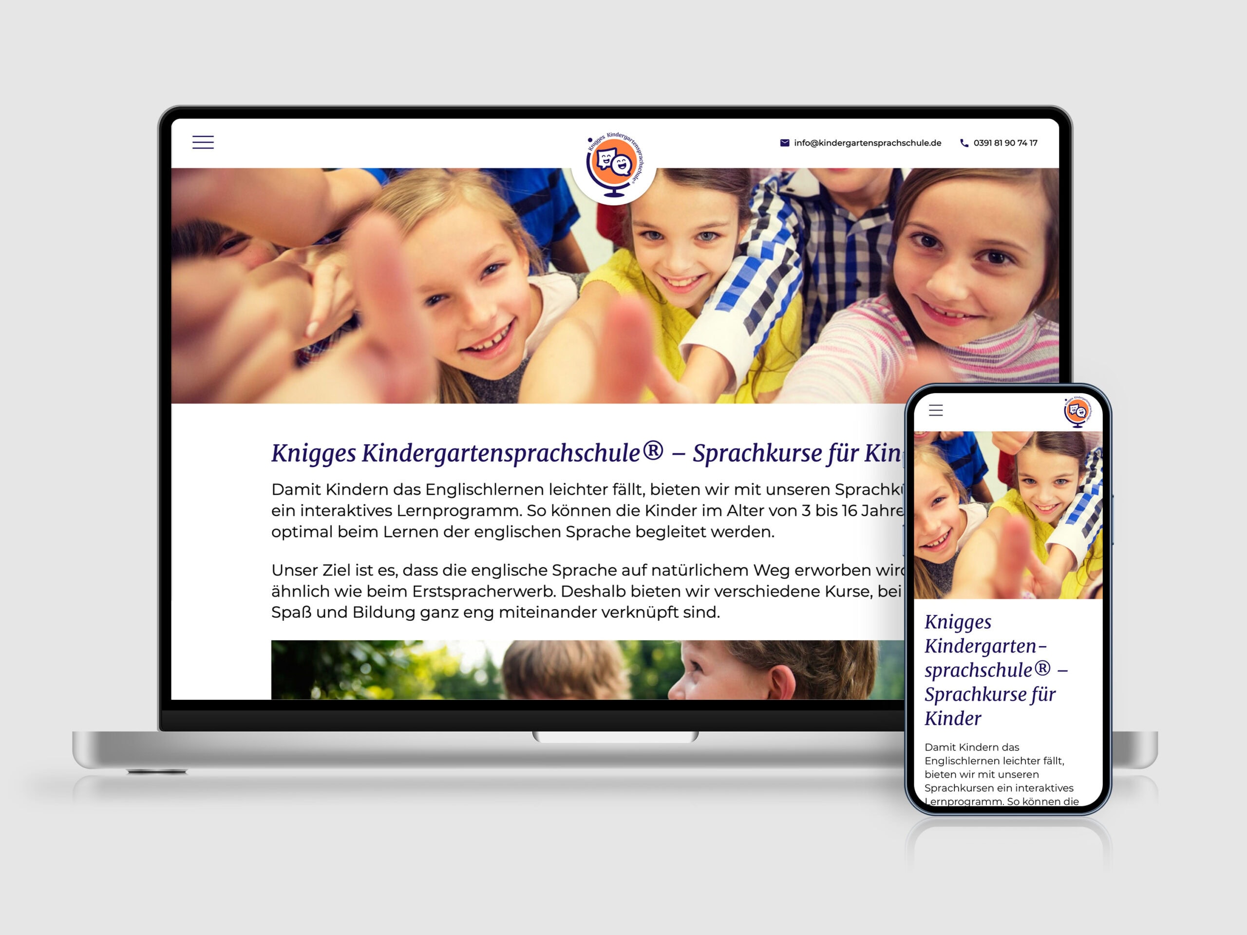 Die Startseite der Website für Knigges Kindergartensprachschule Magdeburg. Webdesign.