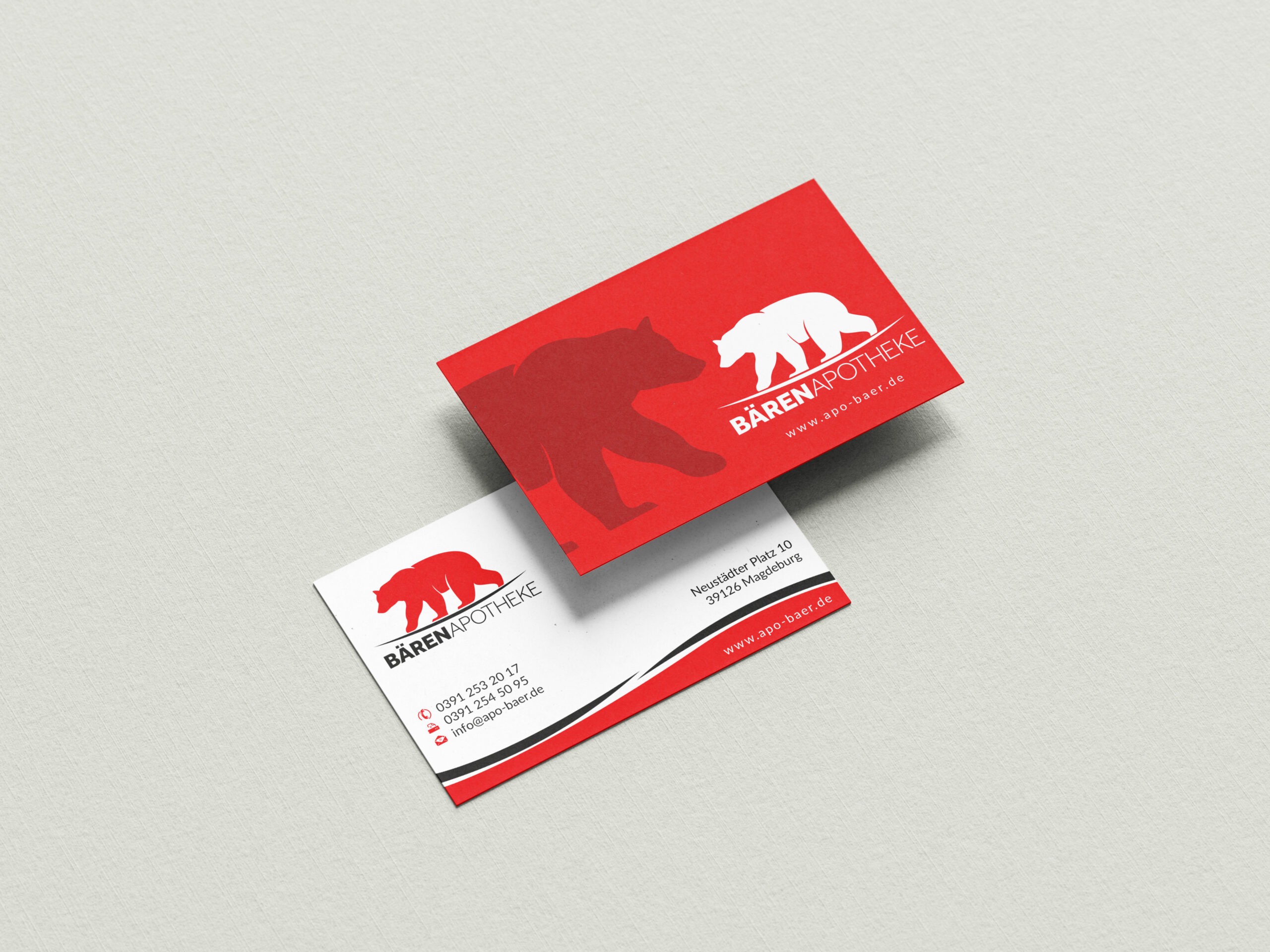 Visitenkarten Bärenapotheke Vorder und Rückseite der Bärenapotheke Magdeburg. Werbedesign für Apotheken.
