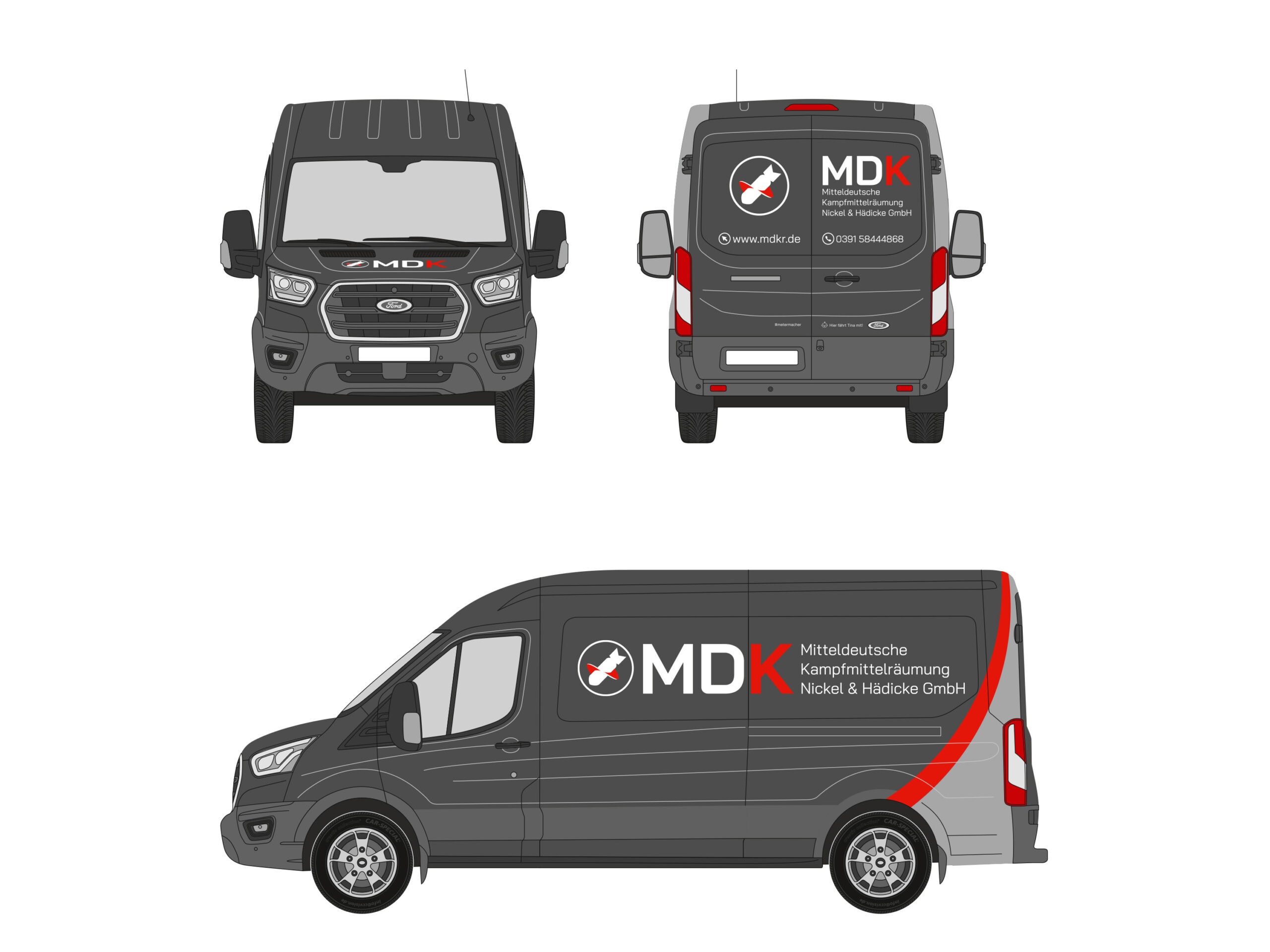 KFZ-Beschriftung für MDKr Design für Autobeklebung auf einem schwarzen Transporter. Ansicht von vorn, hinten und von der Seite