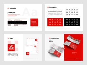 Ausschnitte aus dem Design Manual für WUP Magdeburg. Zu sehen sind Logo, festgelegte Schriftarten und Farben, sowie einige Printprodukte