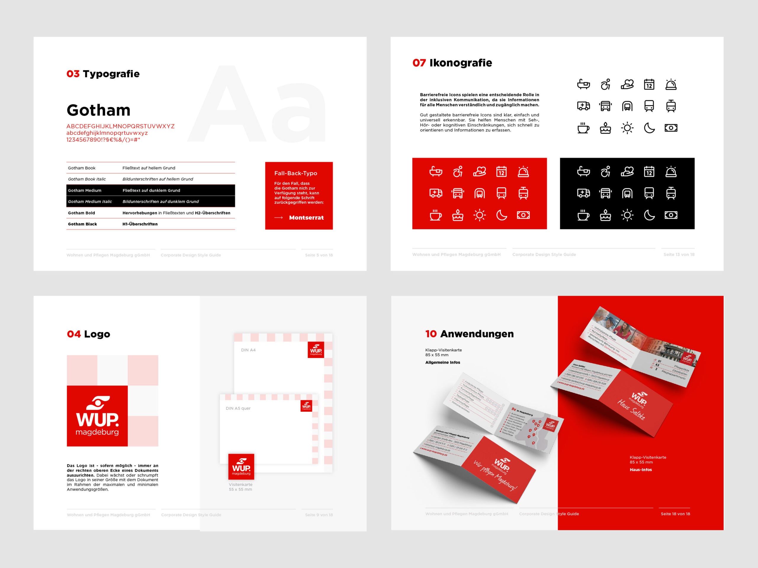Ausschnitte aus dem Design Manual für WUP Magdeburg. Zu sehen sind Logo, festgelegte Schriftarten und Farben, sowie einige Printprodukte