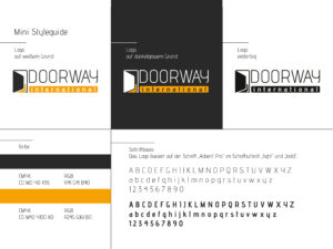 Einblick in den Styleguide für das Corporate Design von Doorway International Magdeburg, mit Logo, Farben und Schriftarten.