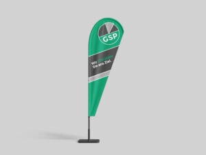 Aufgestellte Beachflag im Corporate Design von GSP Magdeburg. Design von hummelt und partner Werbeagentur