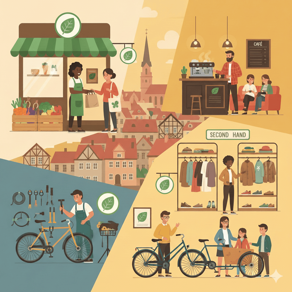 Grafik von verschiedenen nachhaltigen Angeboten: Second-Hand Läden, Bio-Läden und Reparatur-Shops.