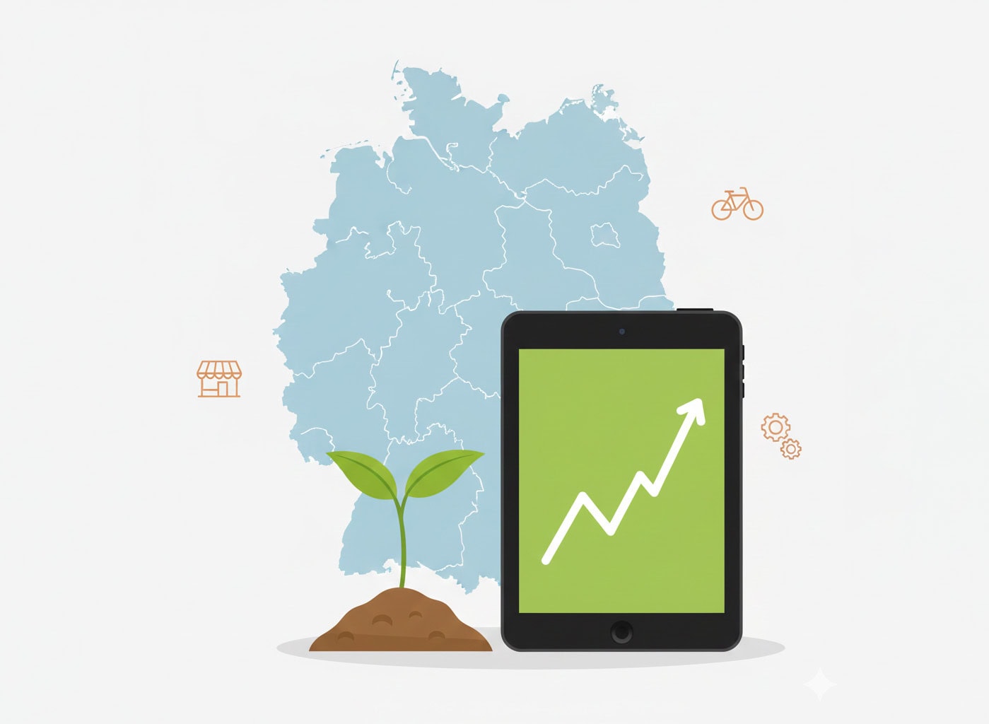 Grafik der Deutschlandkarte mit einem Pflanzenspross als Symbol der Nachhaltigkeit. Davor ein Tablet-Geräte mit einem Pfeil nach oben als Symbol für Wachstum. 