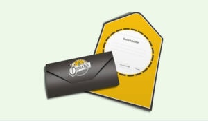 Printdesign: Ausklappbarer Briefgutschein, Ansicht von innen und außen.