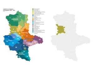 Umfangreich gestaltete Grafik von Sachsen-Anhalt mit Hervorheben der einzelnen Regionen durch unterschiedliche Farben.