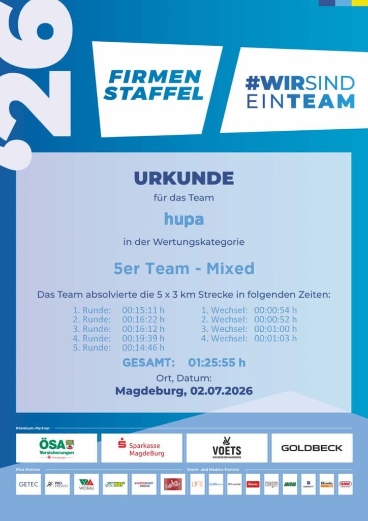 Urkunde von der Firmenstaffel mit Laufzeiten