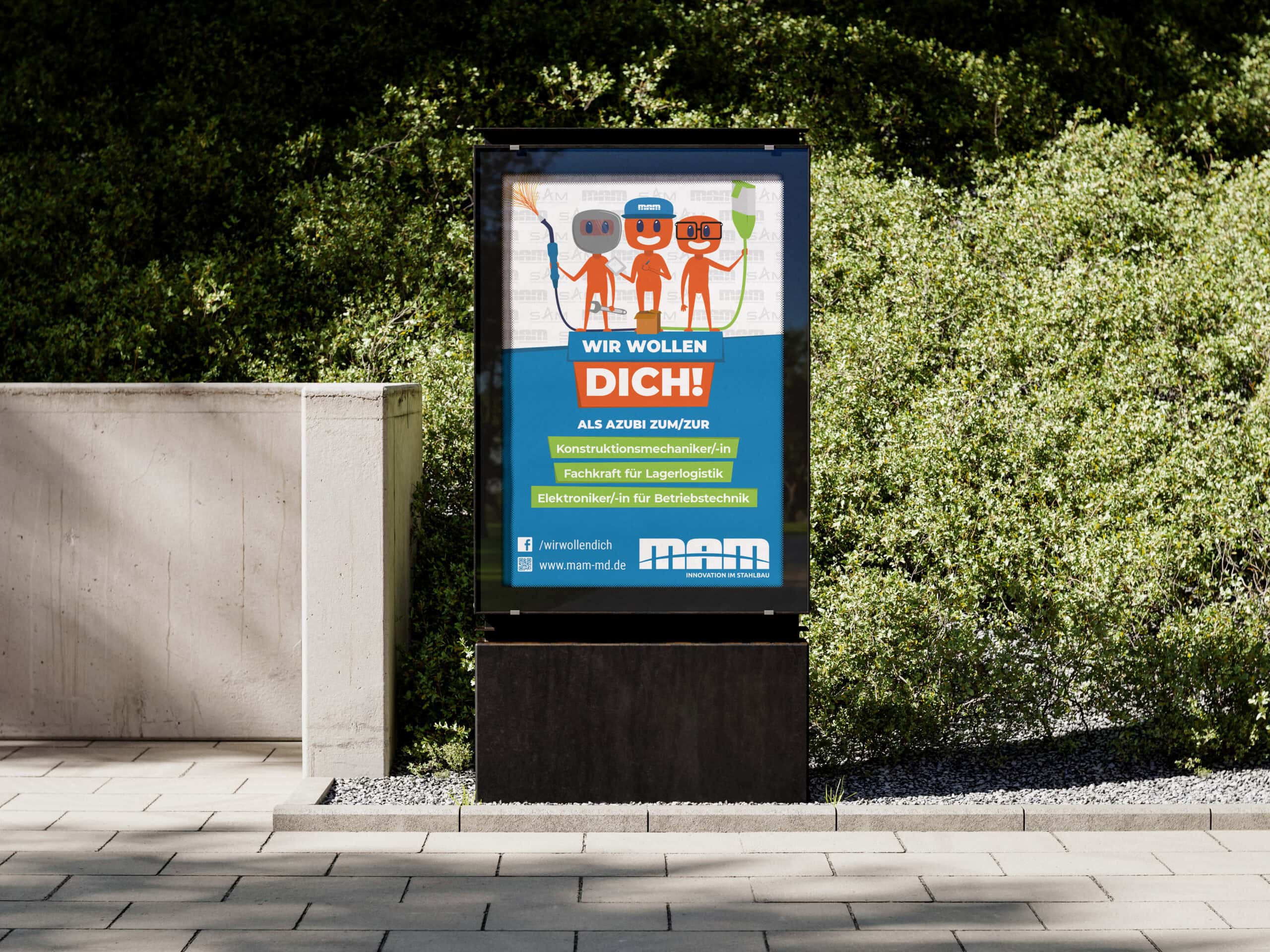 Citylight MAM/SAM Das Cityligt Plakate zur Azubi-Kampagne der SAM/MAM steht draußen am Fußweg.