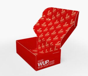 Verpackungsdesign: Ein roter Karton im Corporate Design der WUP. Der Deckel ist geöffnet